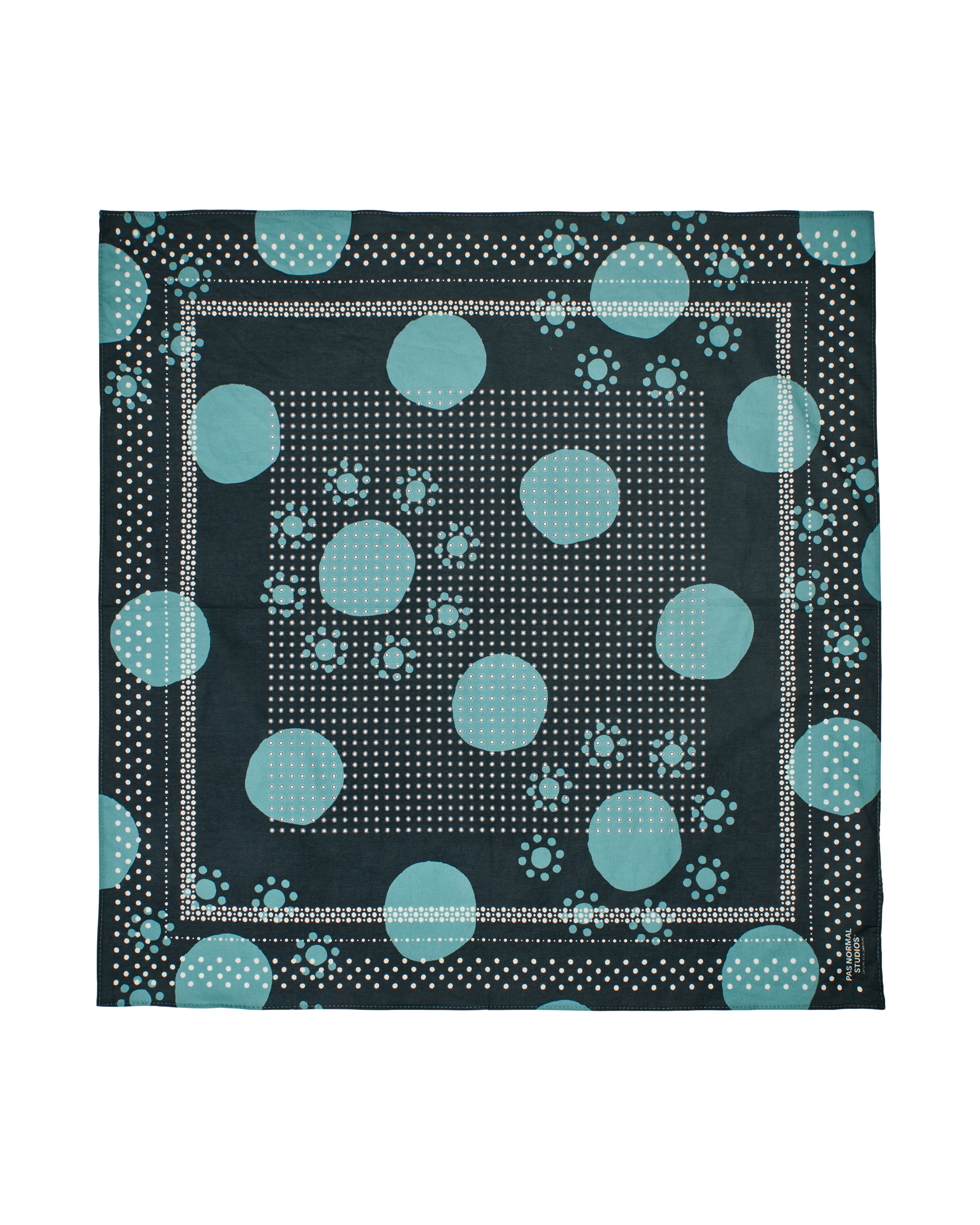 Navy Off-Race bandana, flat lay with teal polka dot pattern and white dotted border