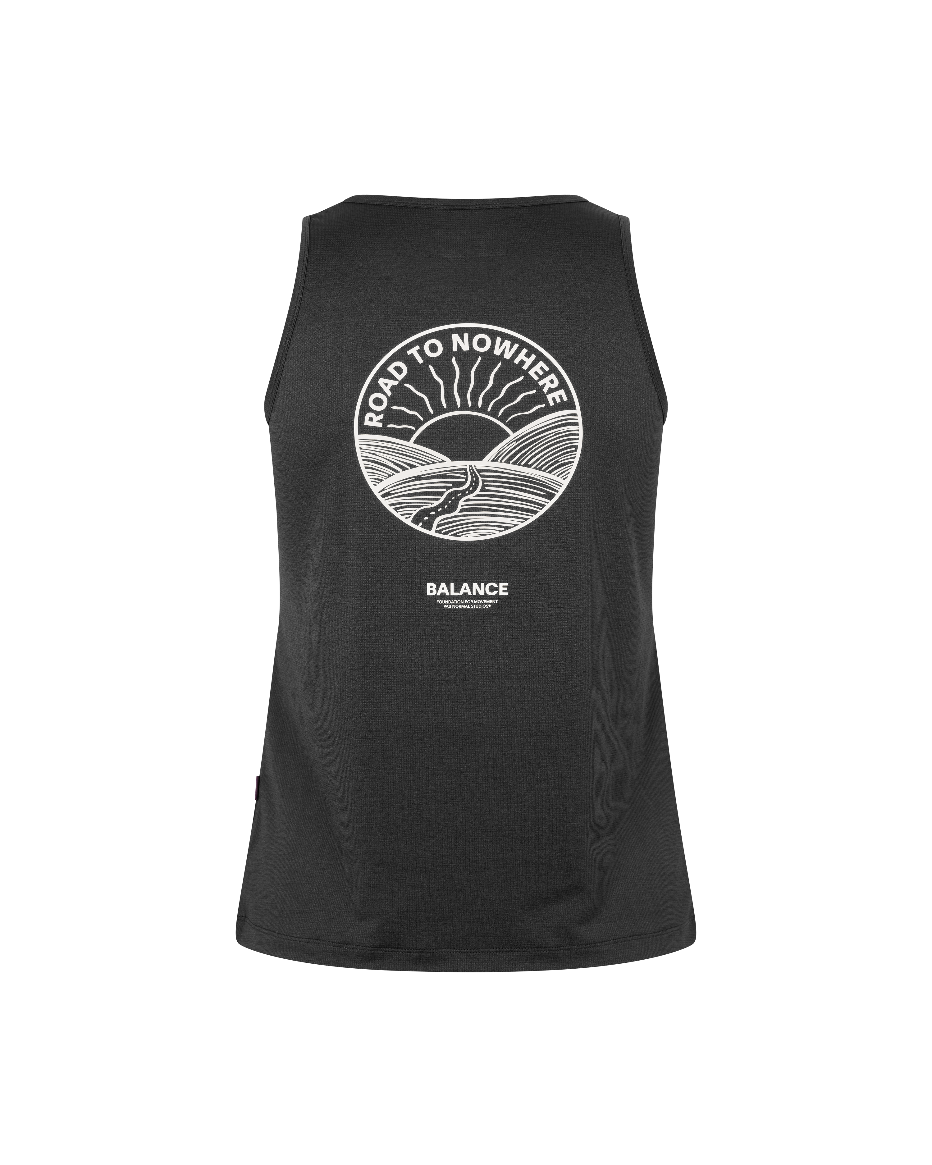 Black Balance singlet, rear flat lay with white Road To Nowhere graphic and sun design