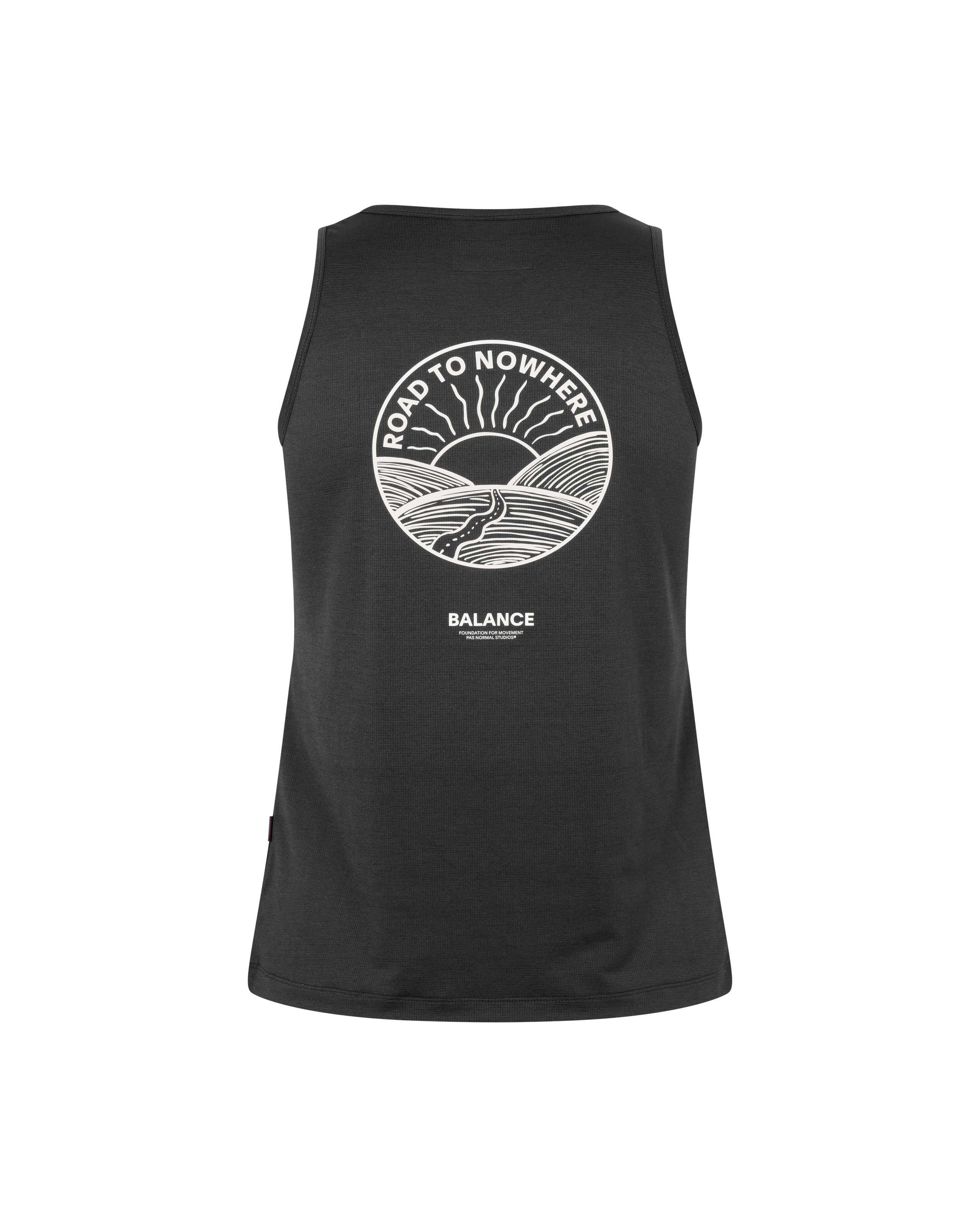 Black Balance singlet, rear flat lay with white Road To Nowhere graphic and sun design