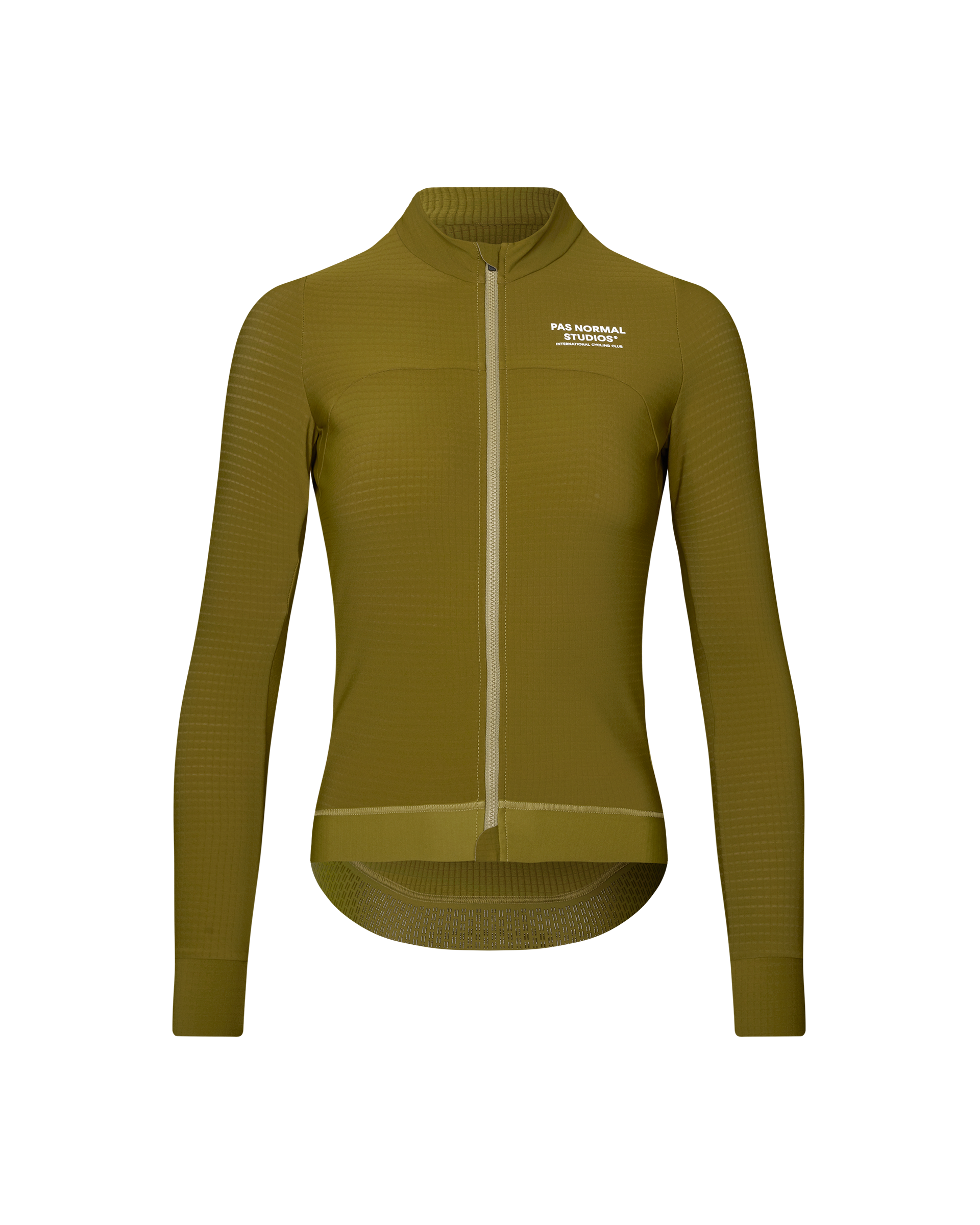 Khaki Green Essential long sleeve cycling jersey, front flat lay with white chest print