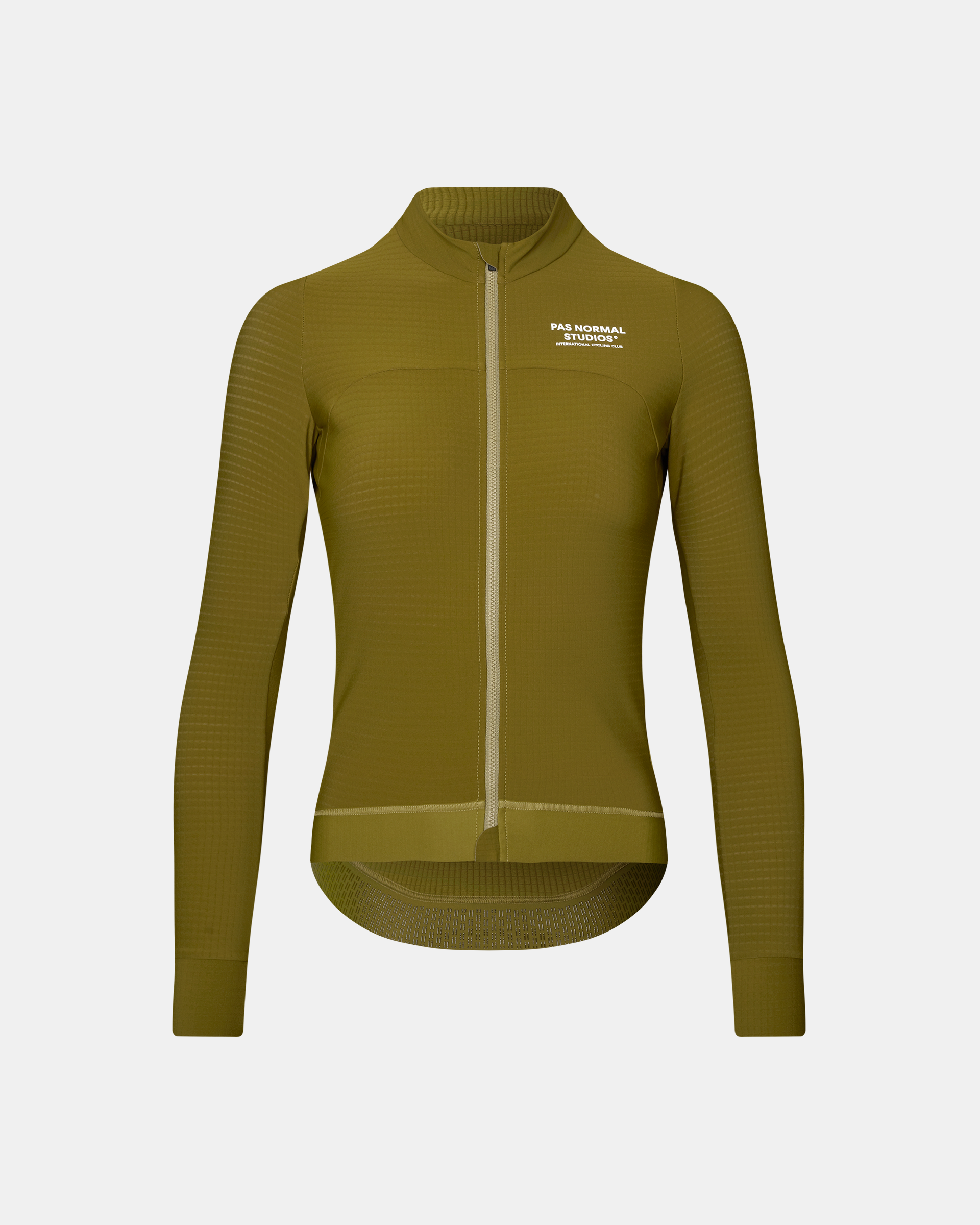 Khaki Green Essential long sleeve cycling jersey, front flat lay with white chest print