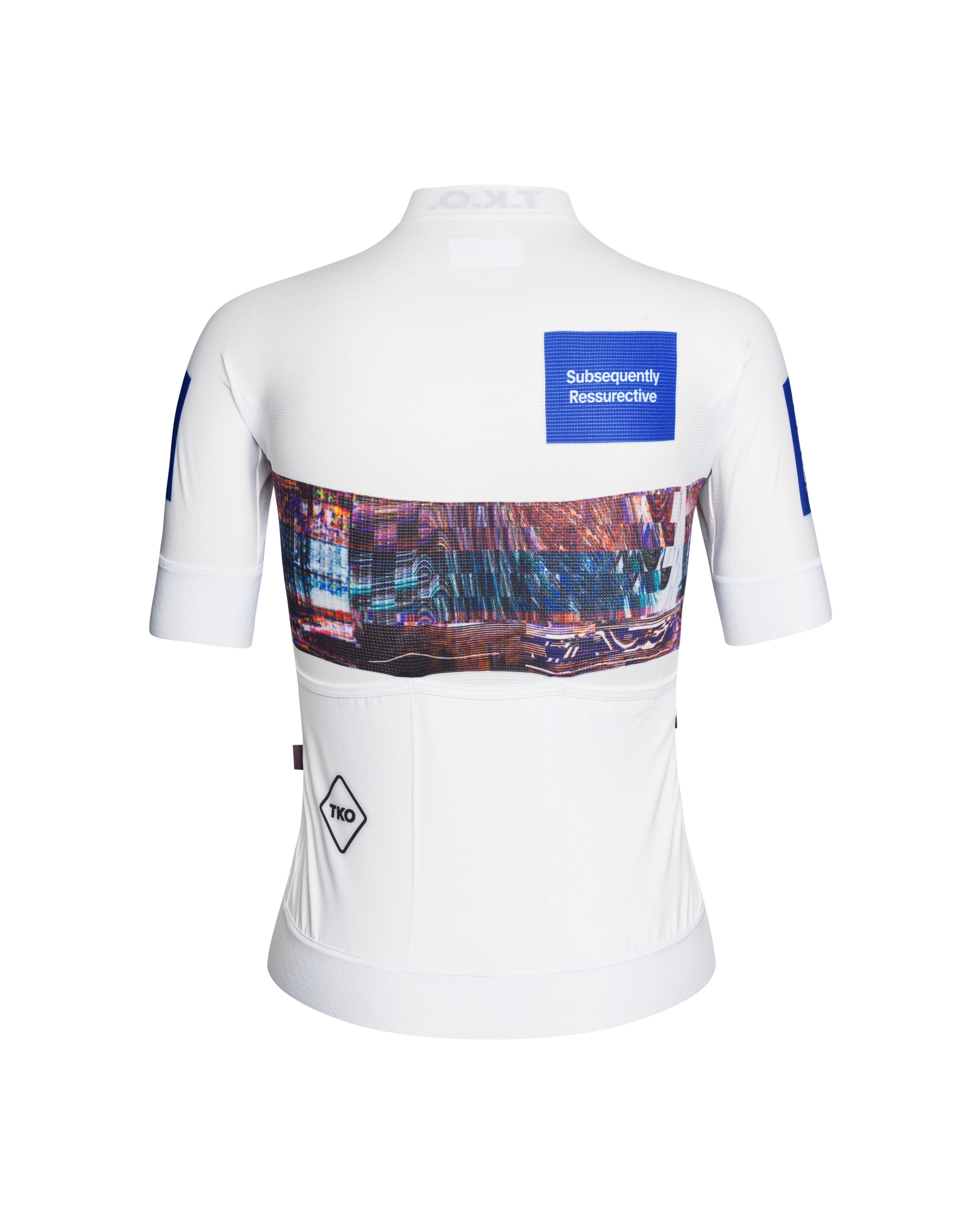 White T.K.O. Mechanism women's cycling jersey, rear view with glitch-print panel and blue graphic patch