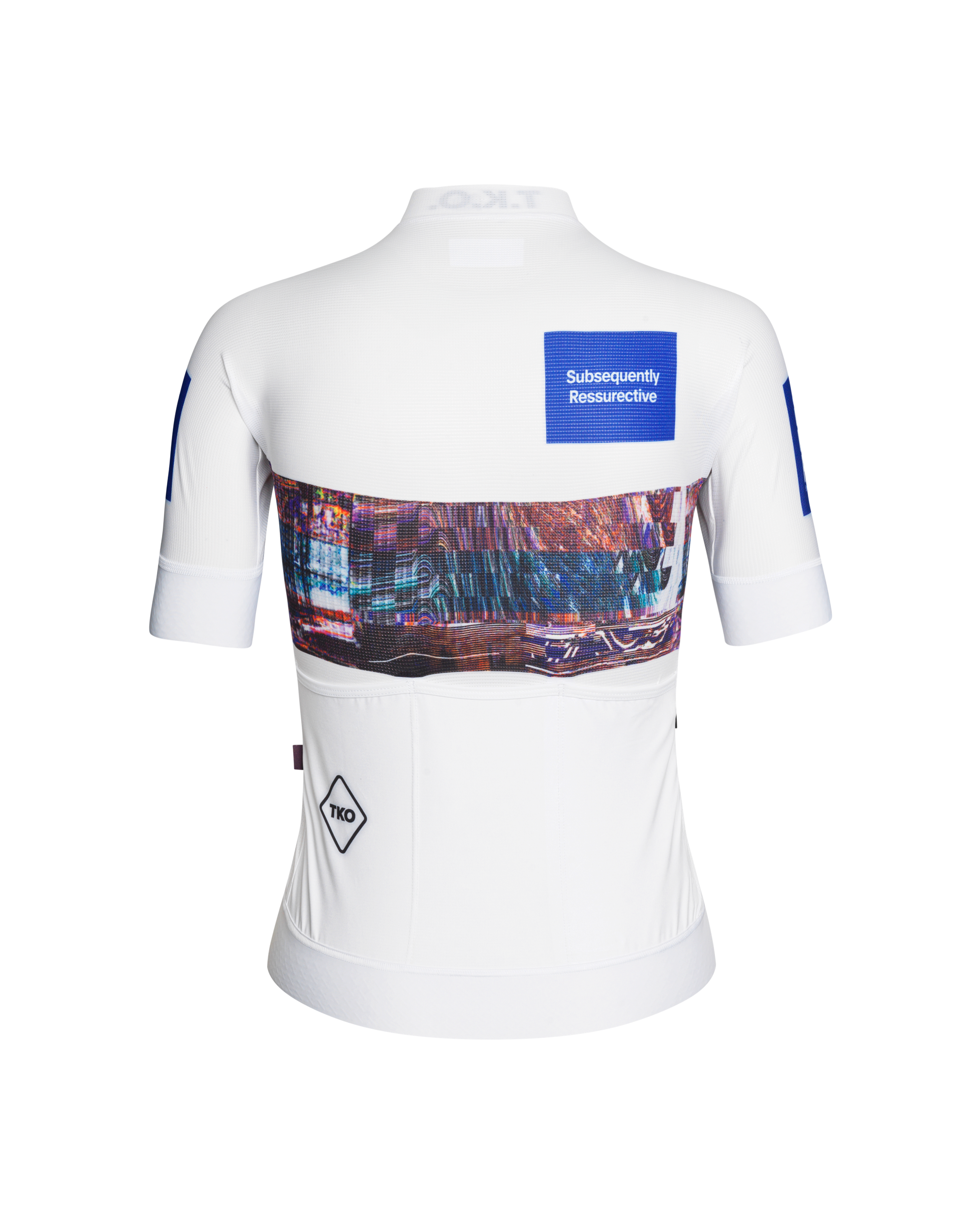 White T.K.O. Mechanism women's cycling jersey, rear view with glitch-print panel and blue graphic patch