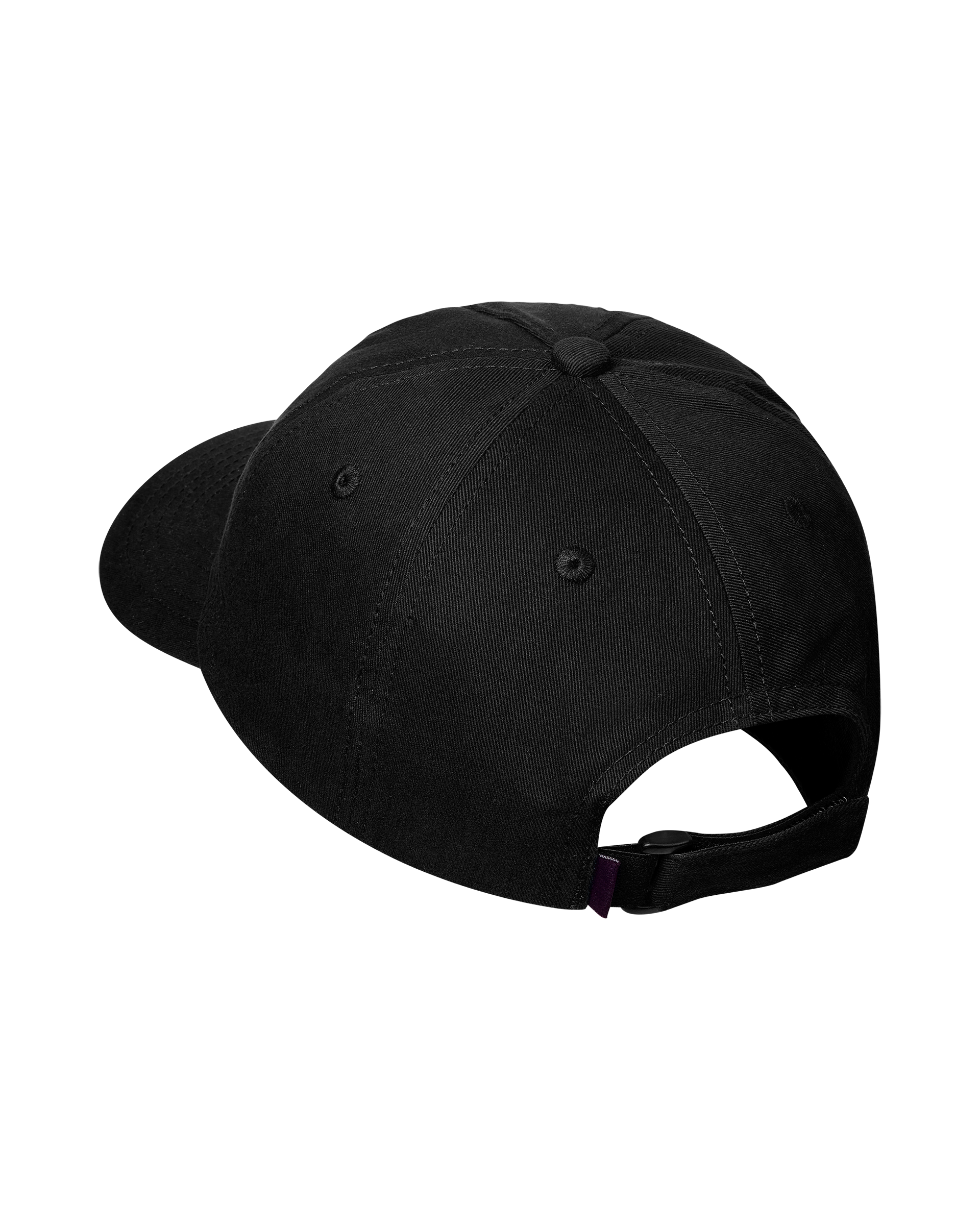 Black Off-Race Cotton Cap, rear three-quarter view with adjustable strap and purple tab