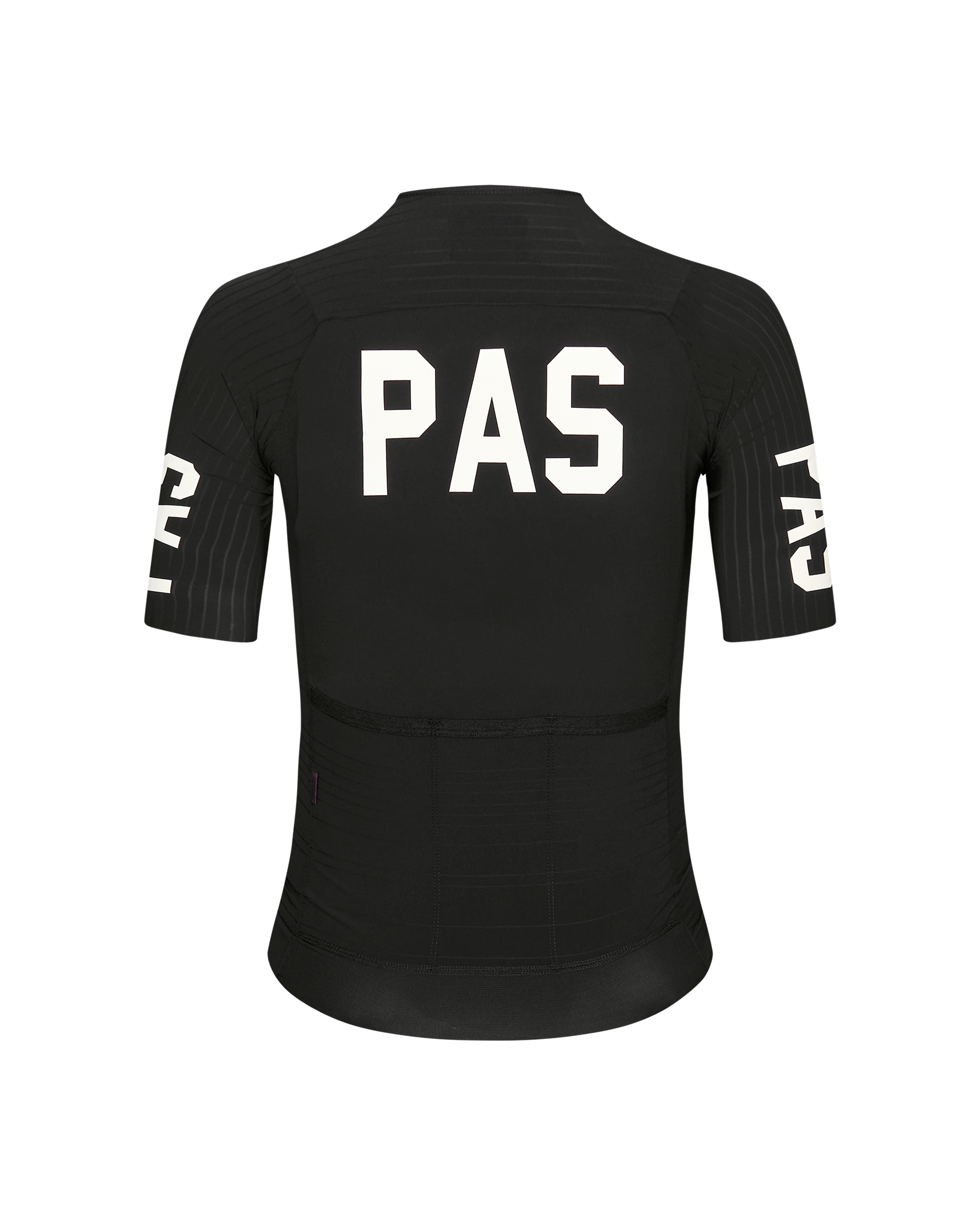 Black PAS Mechanism Pro cycling jersey, rear view with white back logo and sleeve prints