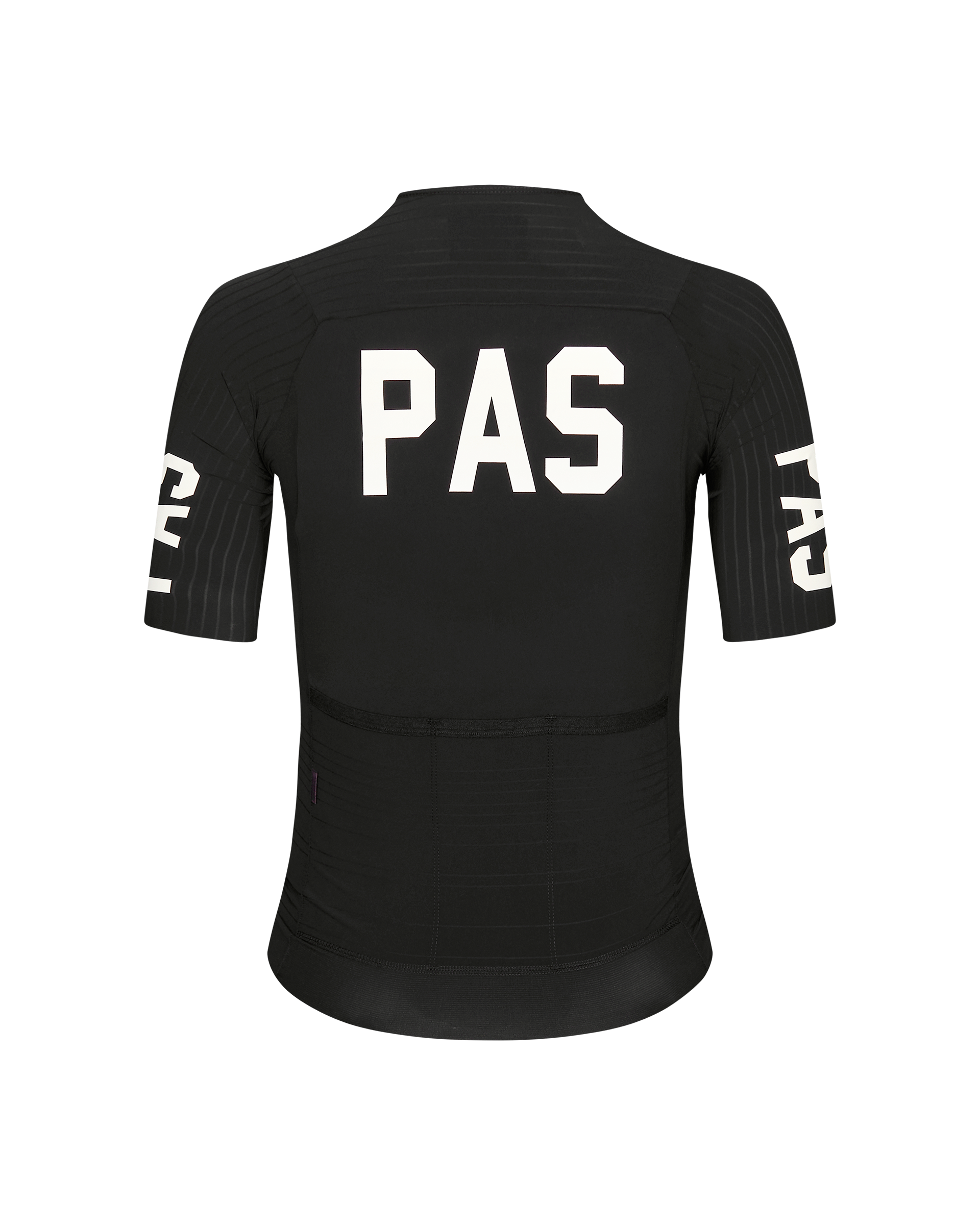 Black PAS Mechanism Pro cycling jersey, rear view with white back logo and sleeve prints