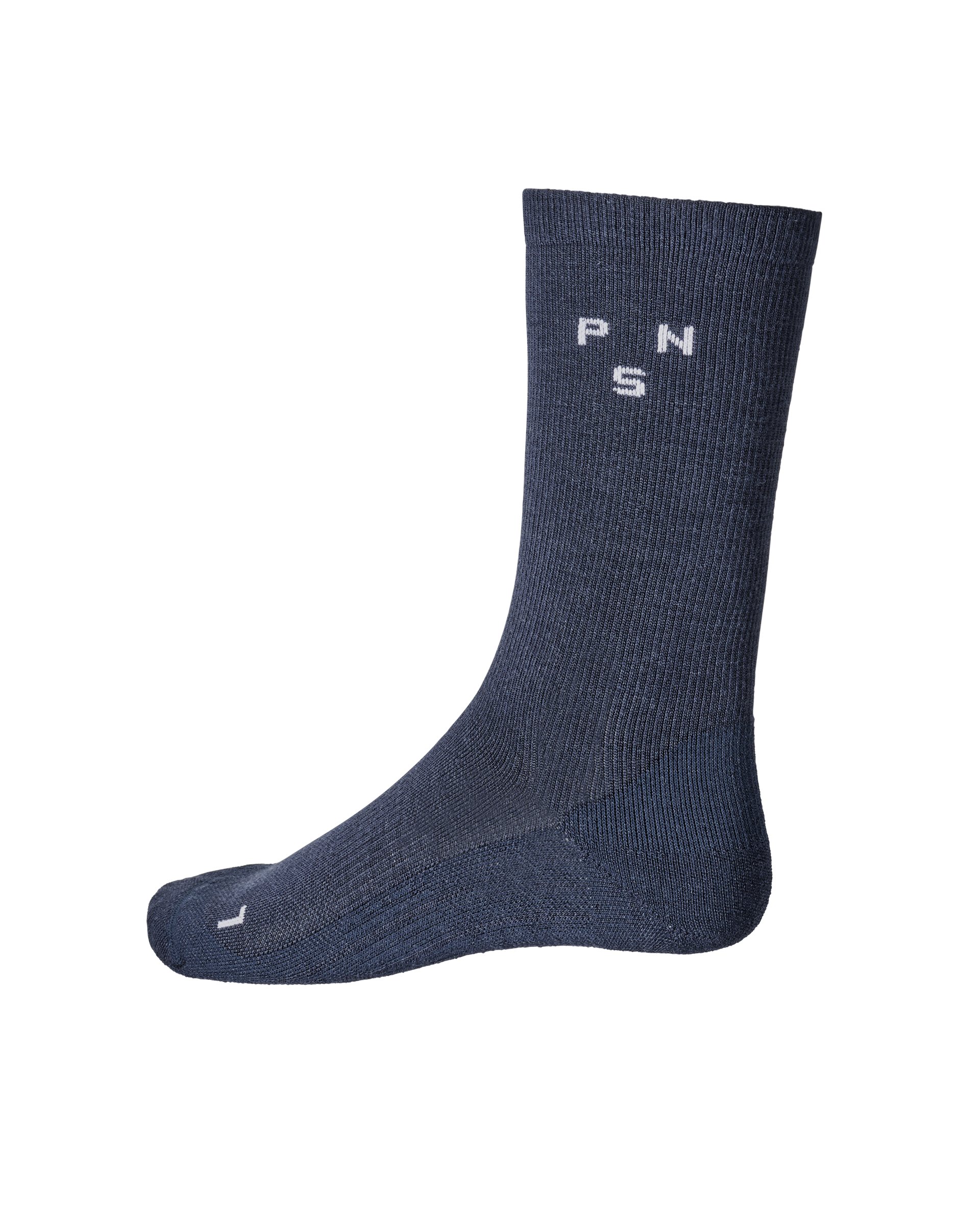 Navy Thermal Wool cycling socks, side view with white PNS logo