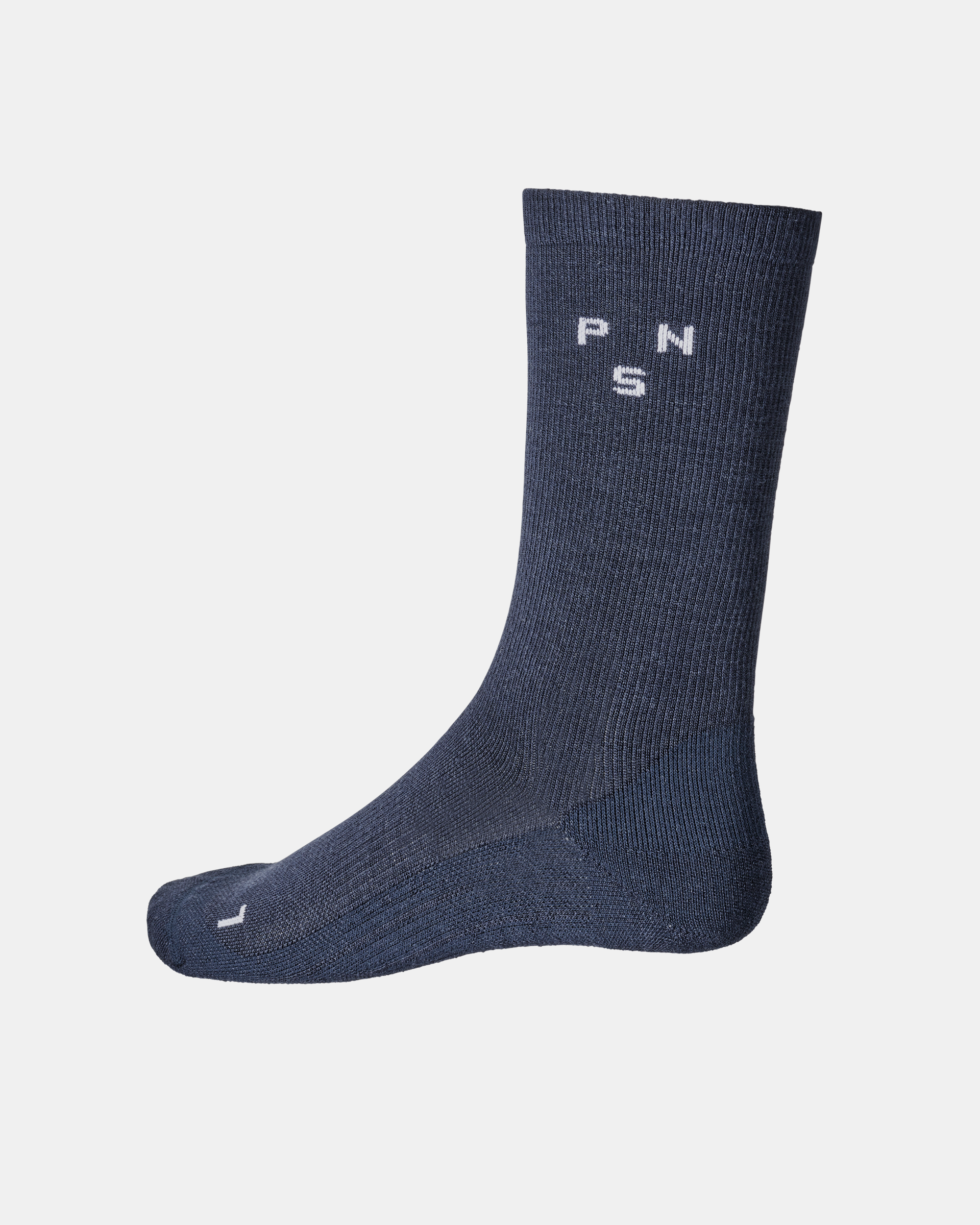 Navy Thermal Wool cycling socks, side view with white PNS logo