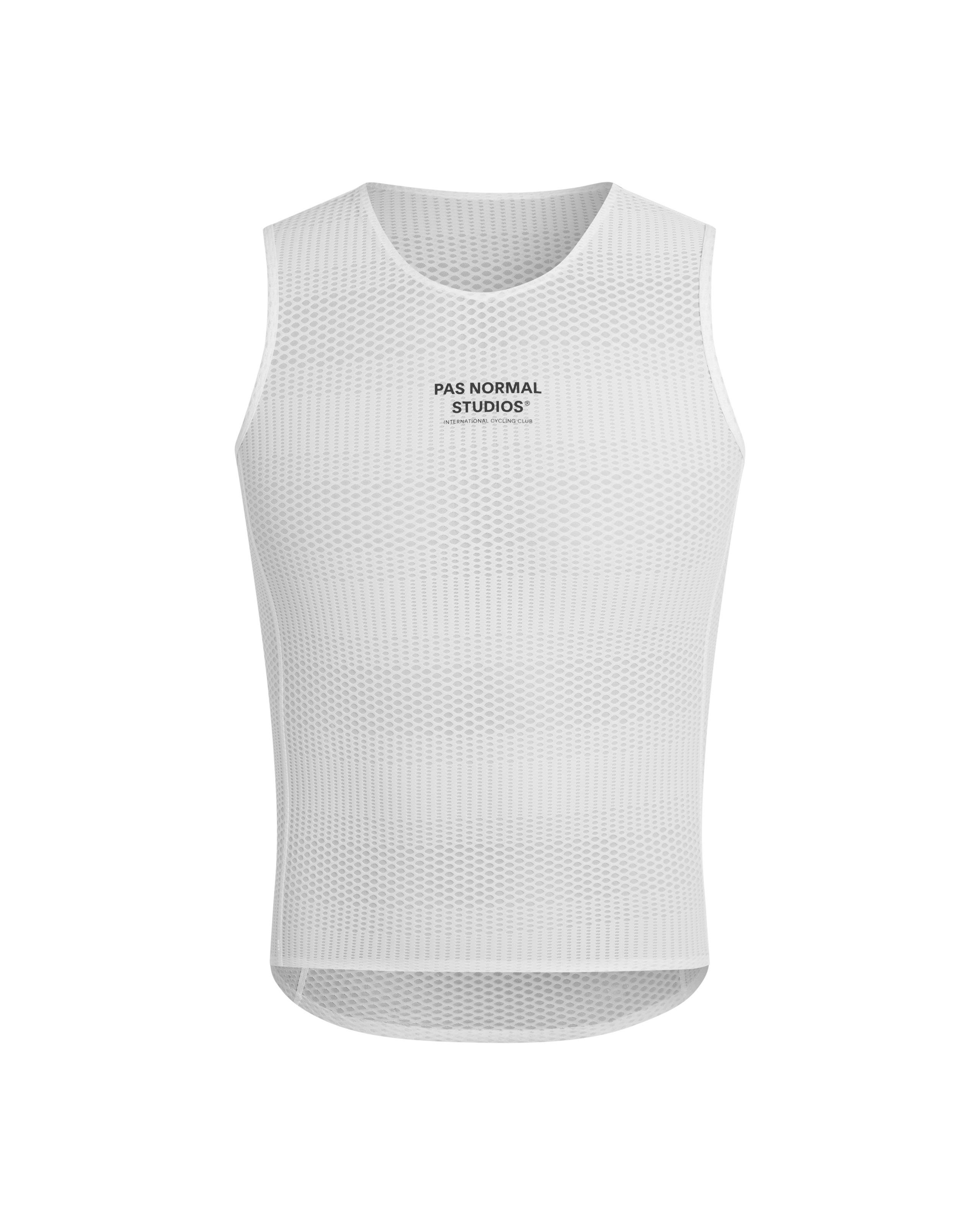 White Mechanism Pro sleeveless cycling base layer, front view with mesh construction
