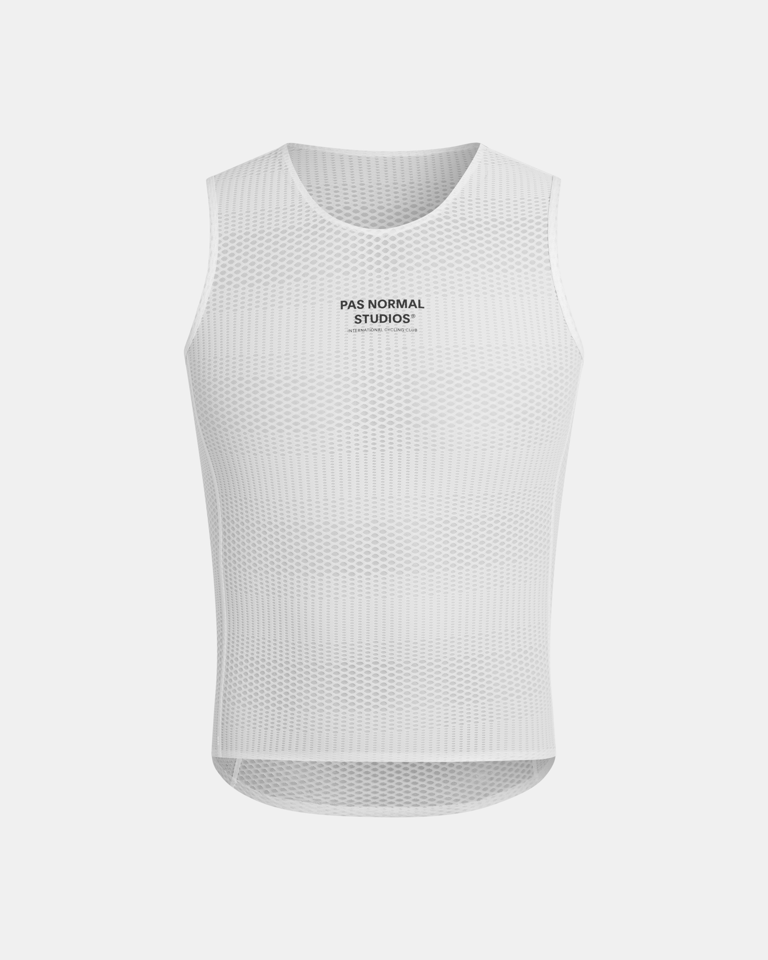 White Mechanism Pro sleeveless cycling base layer, front view with mesh construction