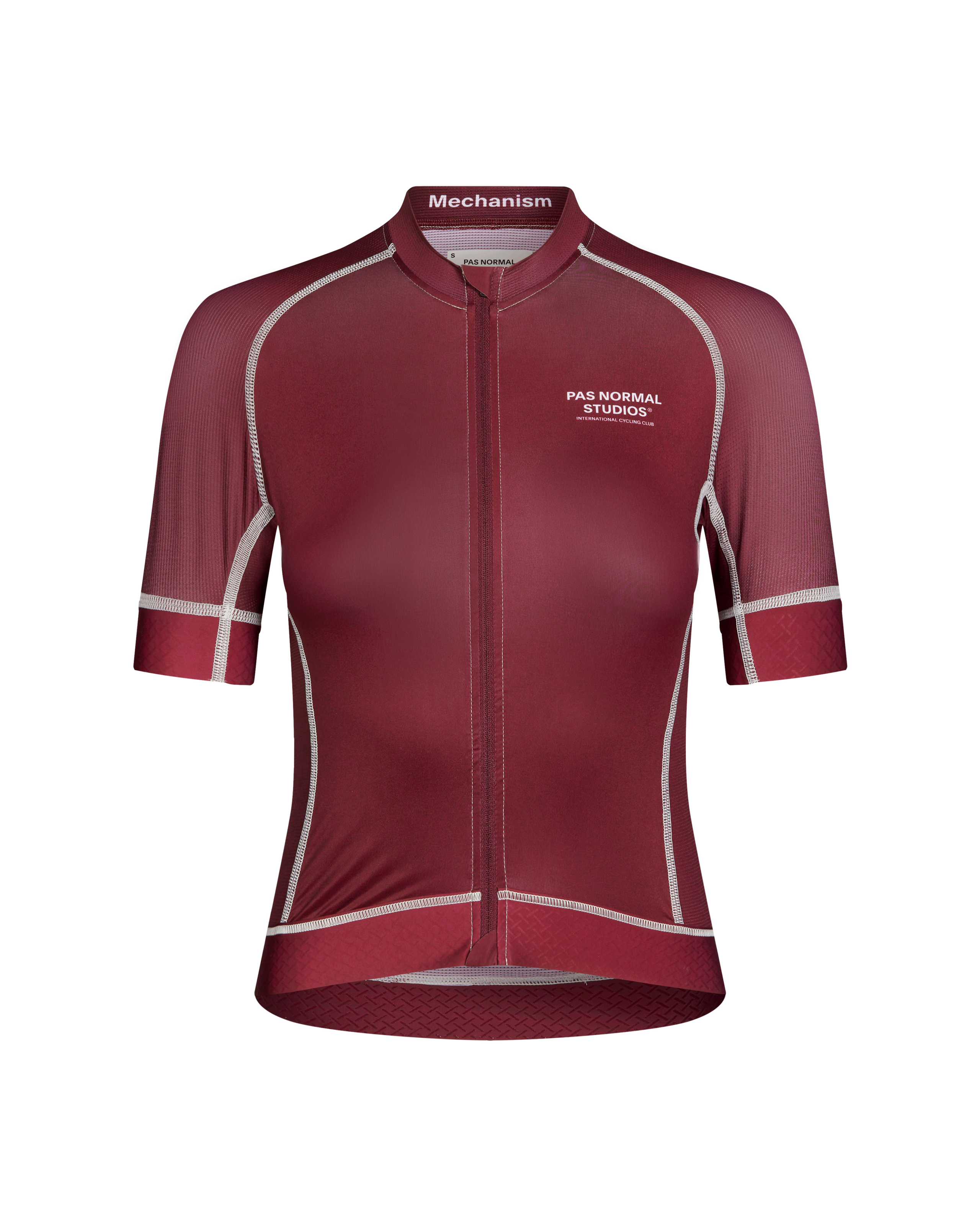 Burgundy Mechanism cycling jersey, front view with white contrast stitching