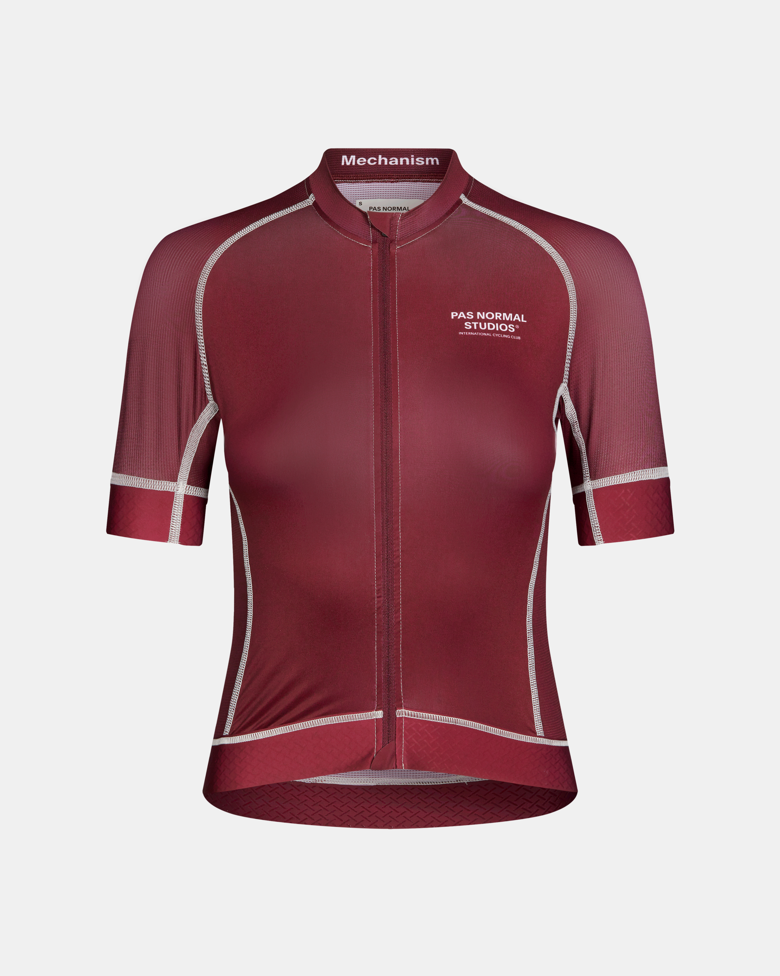 Burgundy Mechanism cycling jersey, front view with white contrast stitching