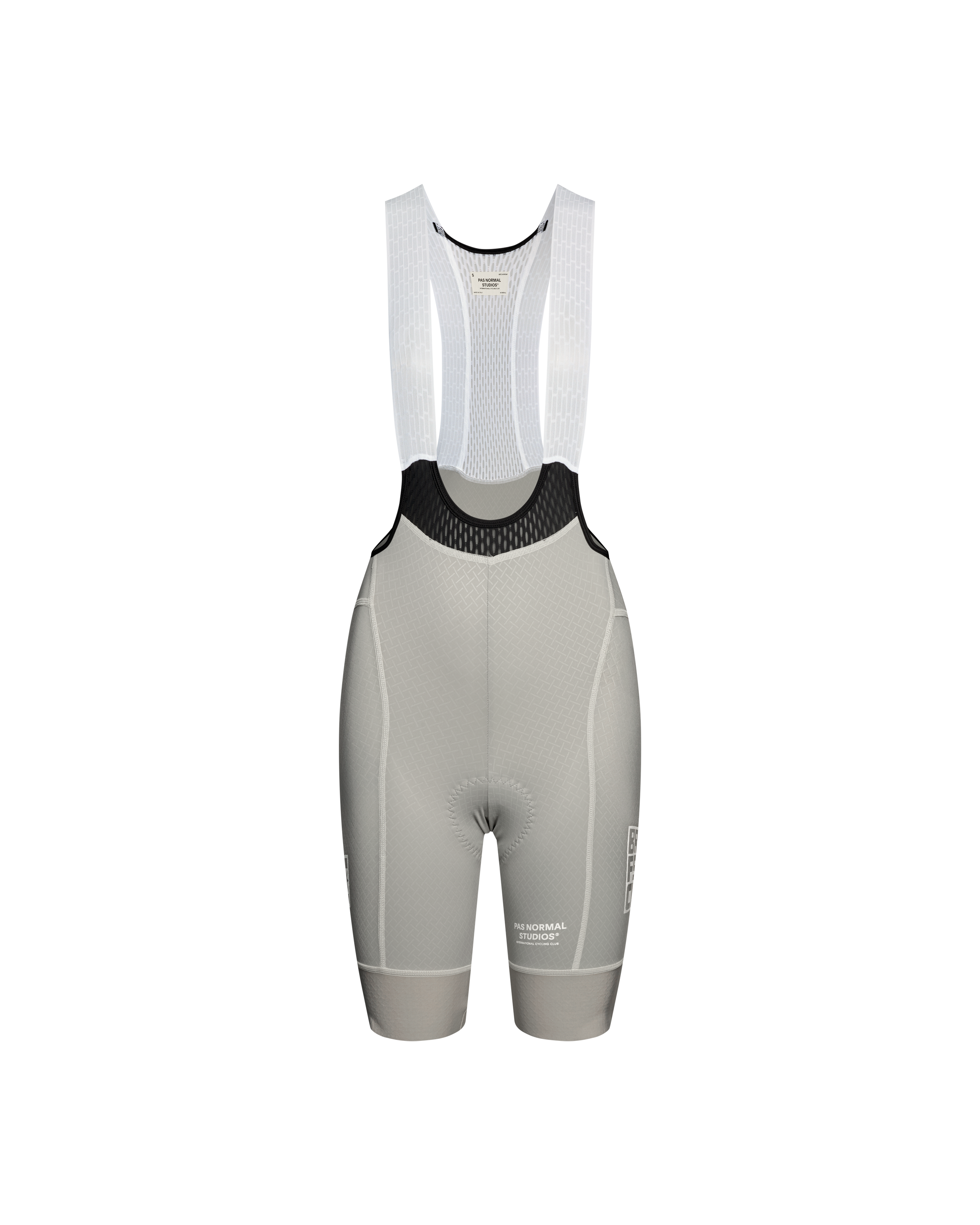 Light Grey Mechanism Breakfast Club women's cycling bibs, front flat lay with white mesh straps and black bib panel