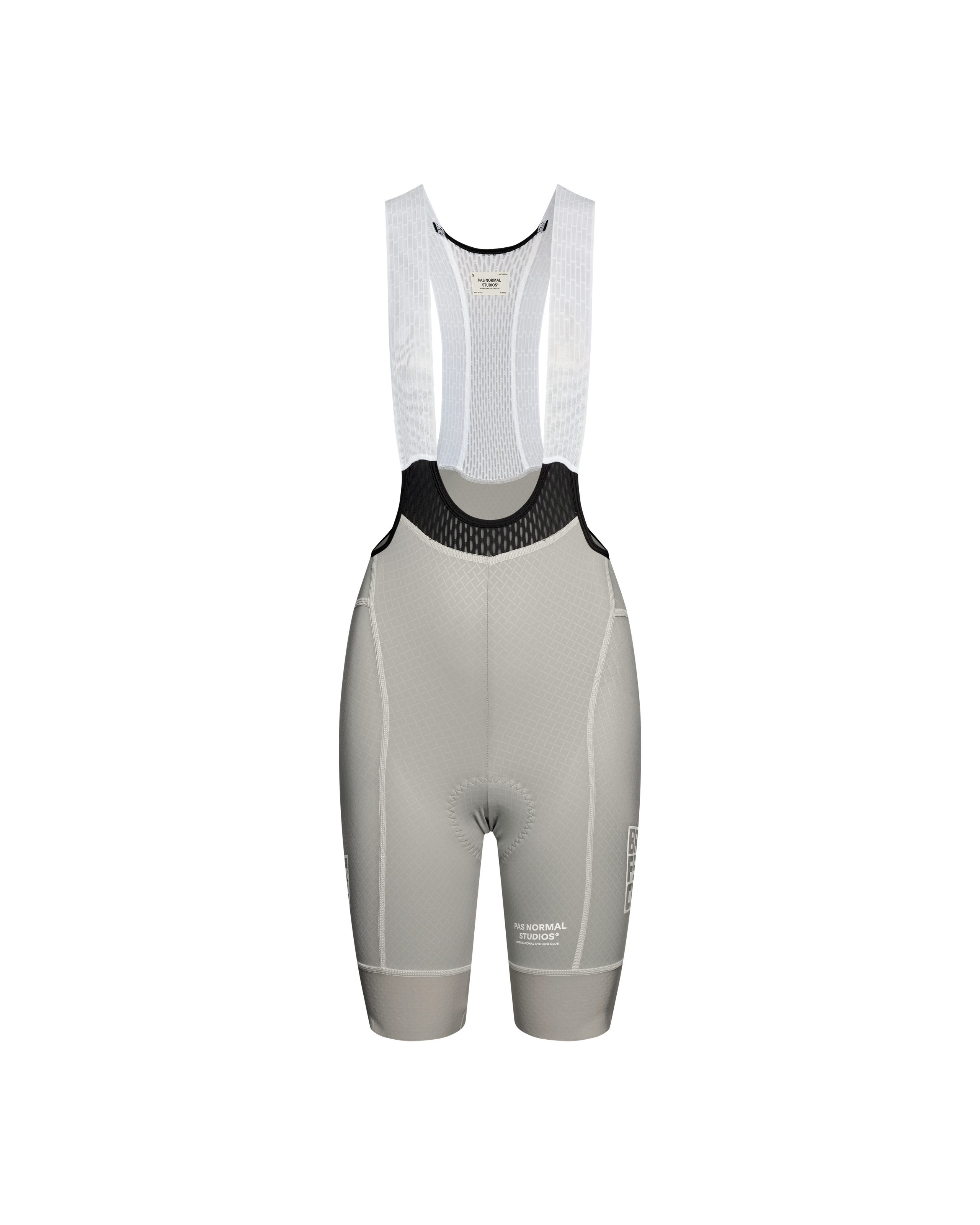 Light Grey Mechanism Breakfast Club women's cycling bibs, front flat lay with white mesh straps and black bib panel