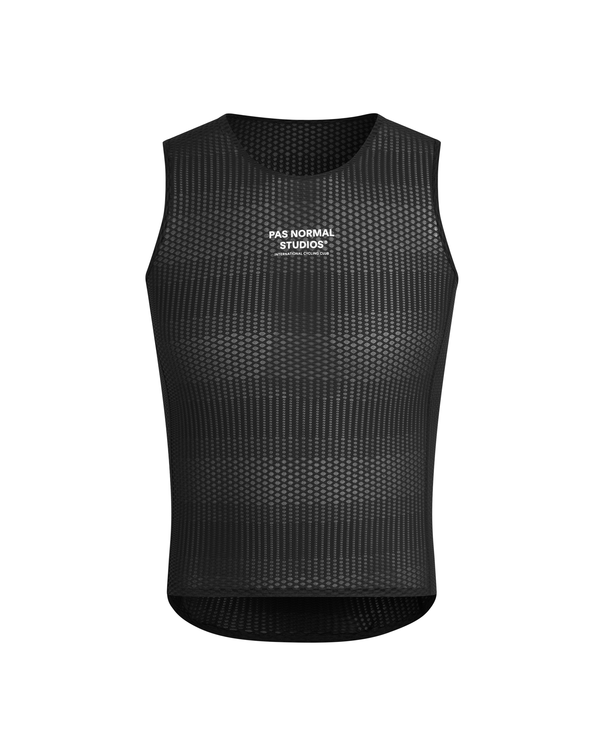 Black Mechanism Pro sleeveless base layer, front view with geometric dot pattern and white chest logo