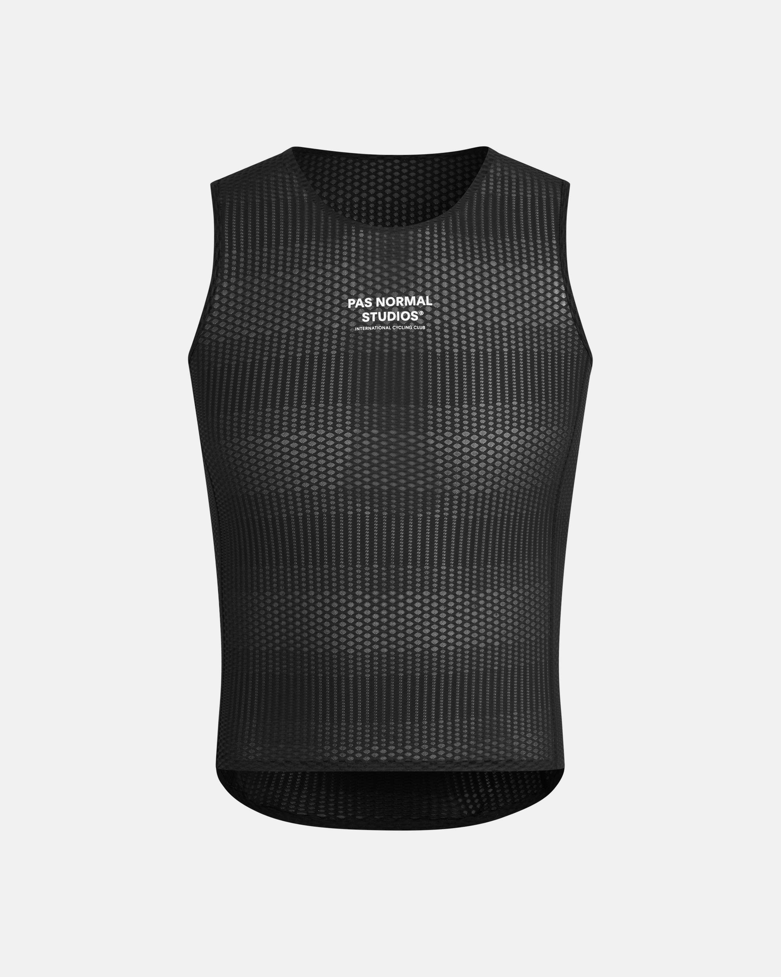 Black Mechanism Pro sleeveless base layer, front view with geometric dot pattern and white chest logo