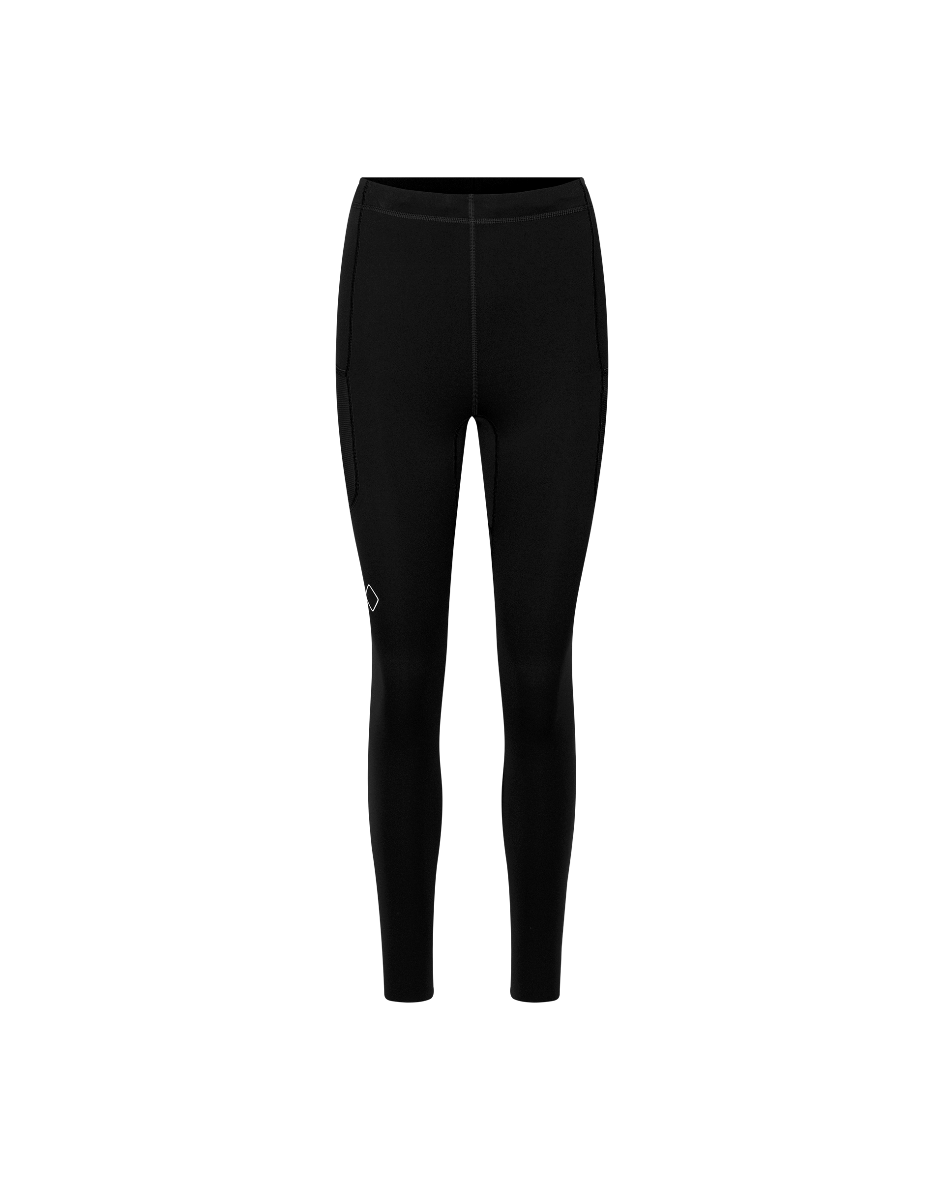 Black Balance Women's Long Tights, front flat lay with side hip pockets and small logo badge