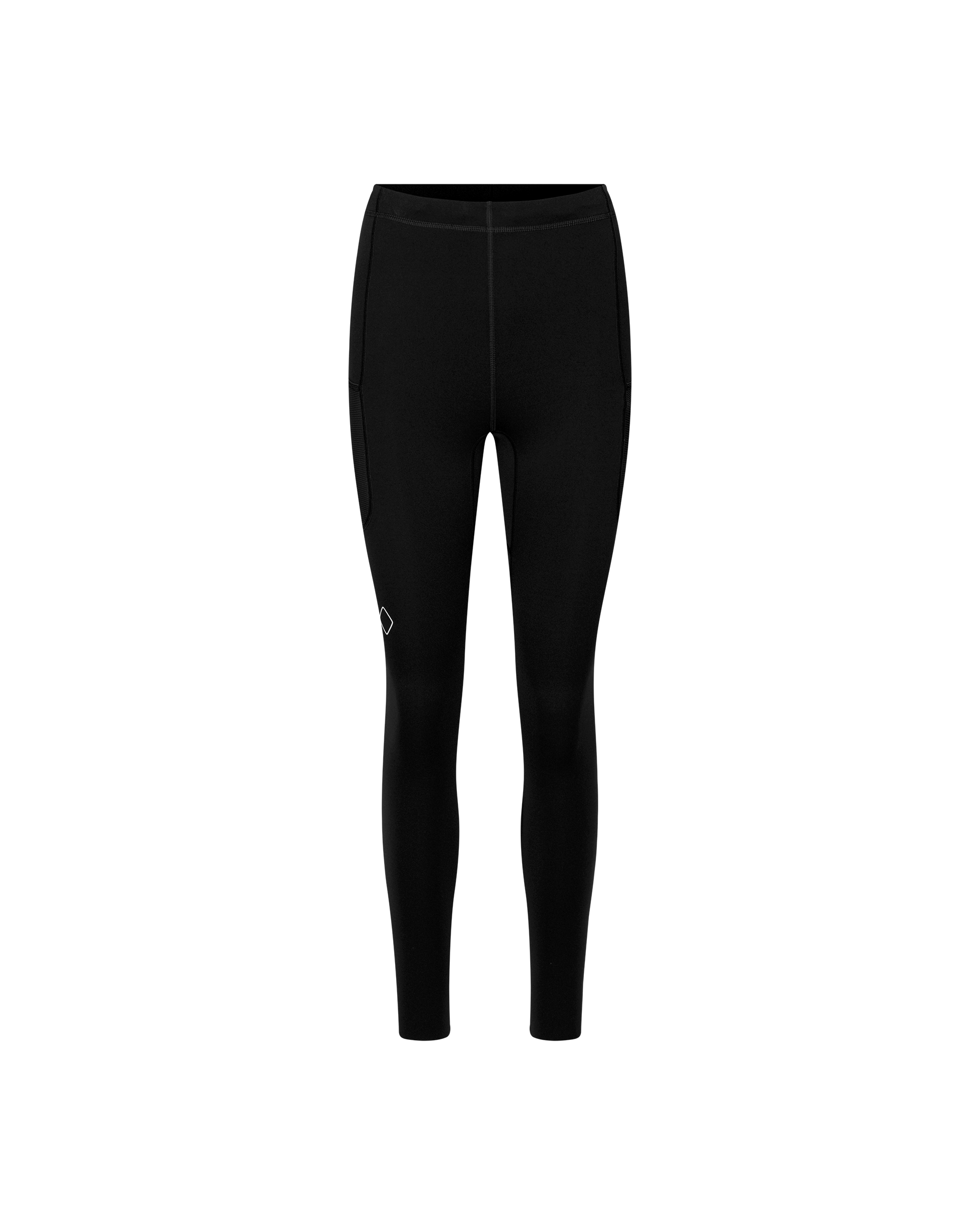 Black Balance Women's Long Tights, front flat lay with side hip pockets and small logo badge