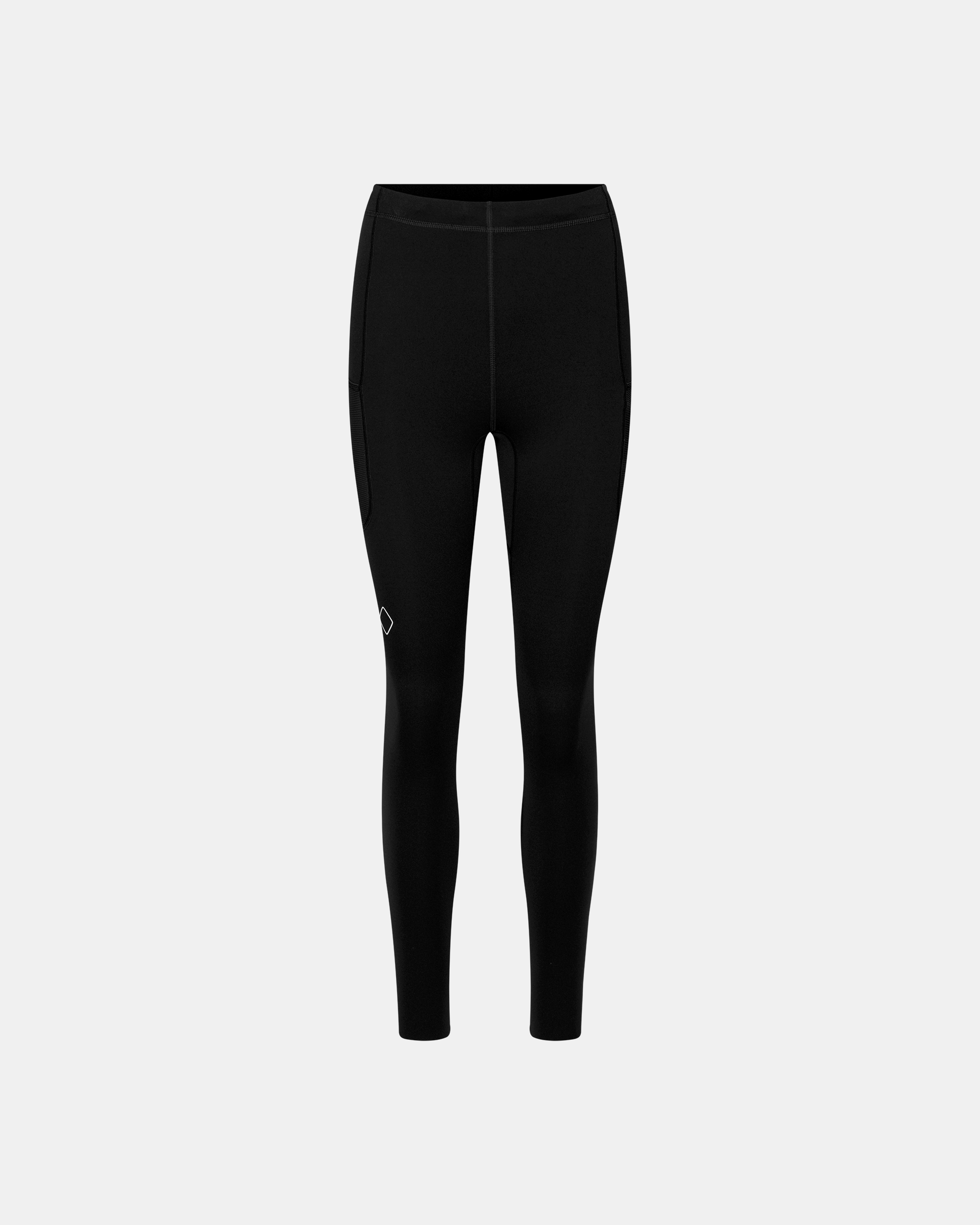 Black Balance Women's Long Tights, front flat lay with side hip pockets and small logo badge