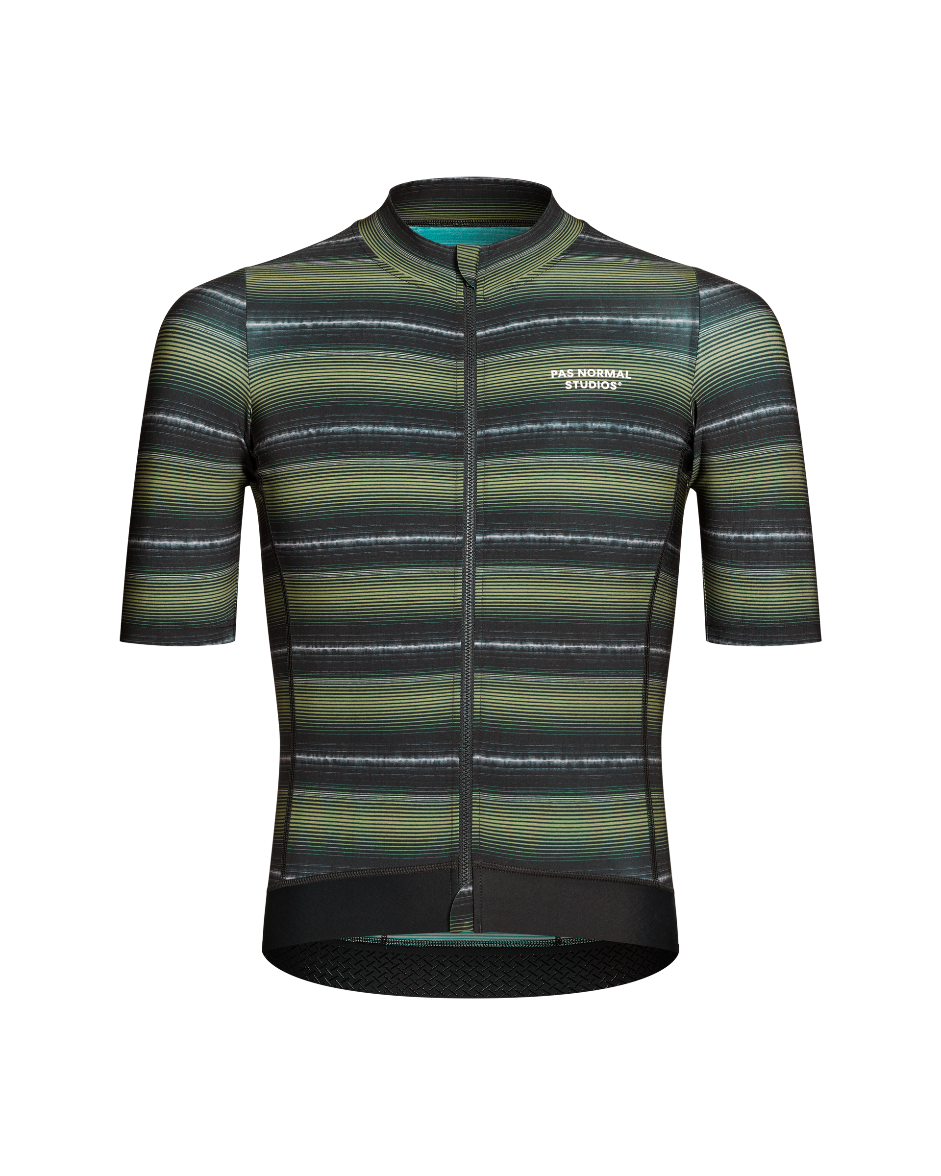 Light Olive Essential cycling jersey, front view with horizontal striped pattern and full zip