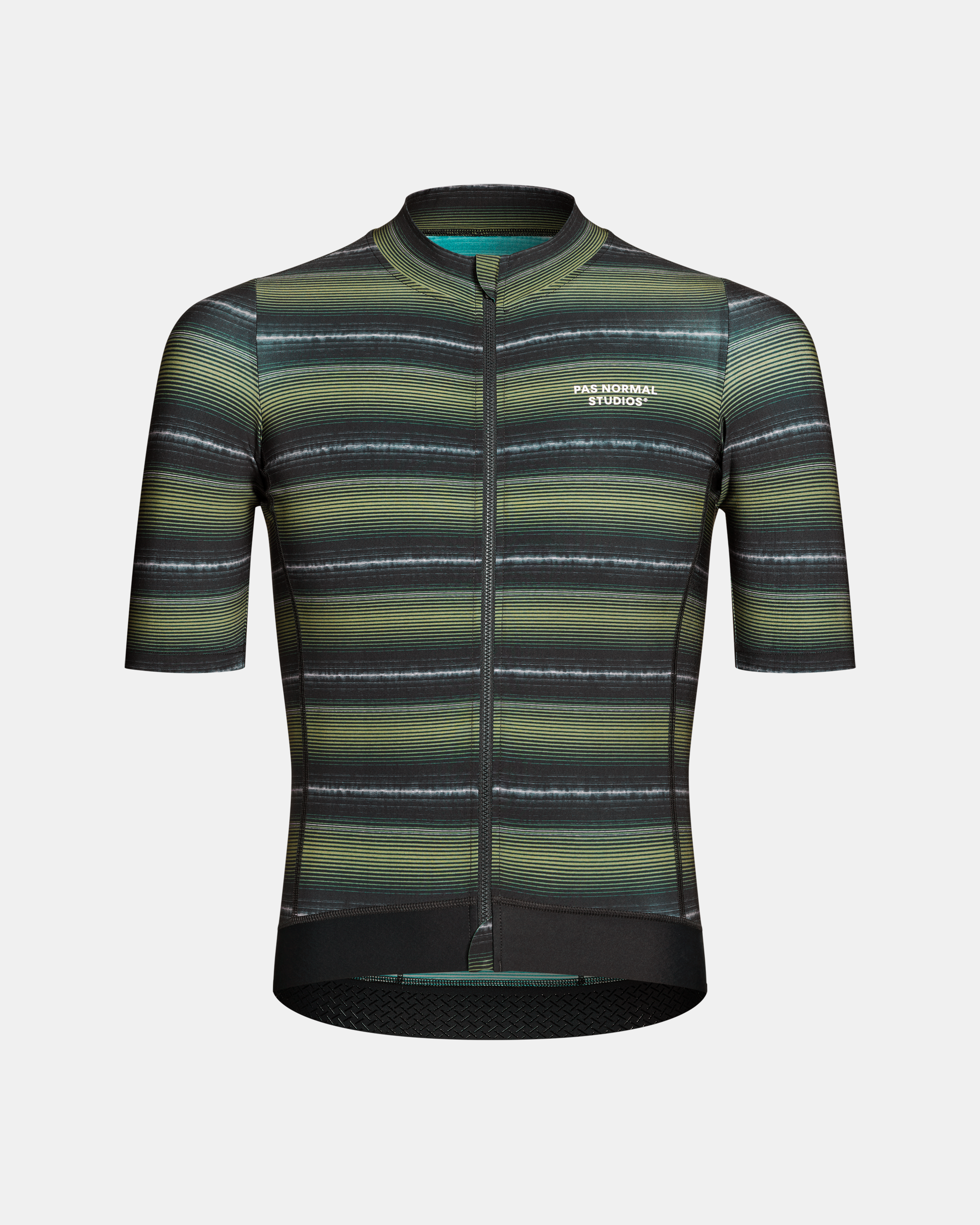 Light Olive Essential cycling jersey, front view with horizontal striped pattern and full zip