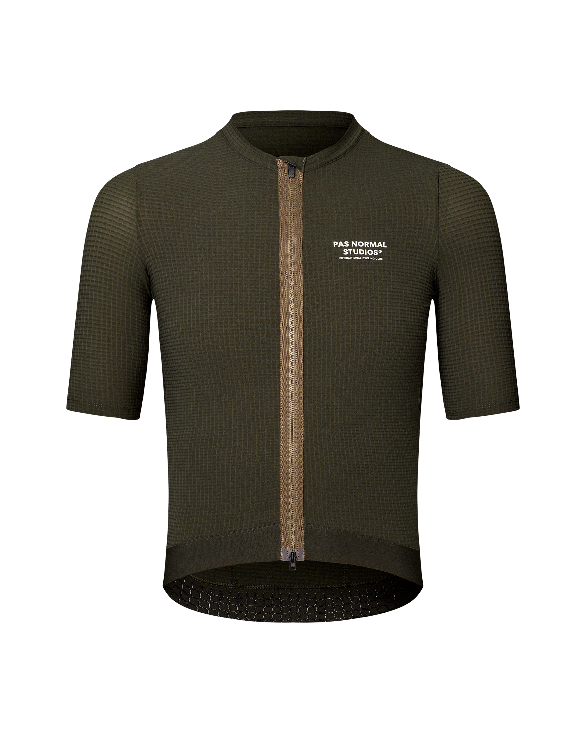 Dark Olive Escapism cycling jersey, front flat lay with full-length contrast zip and white chest print
