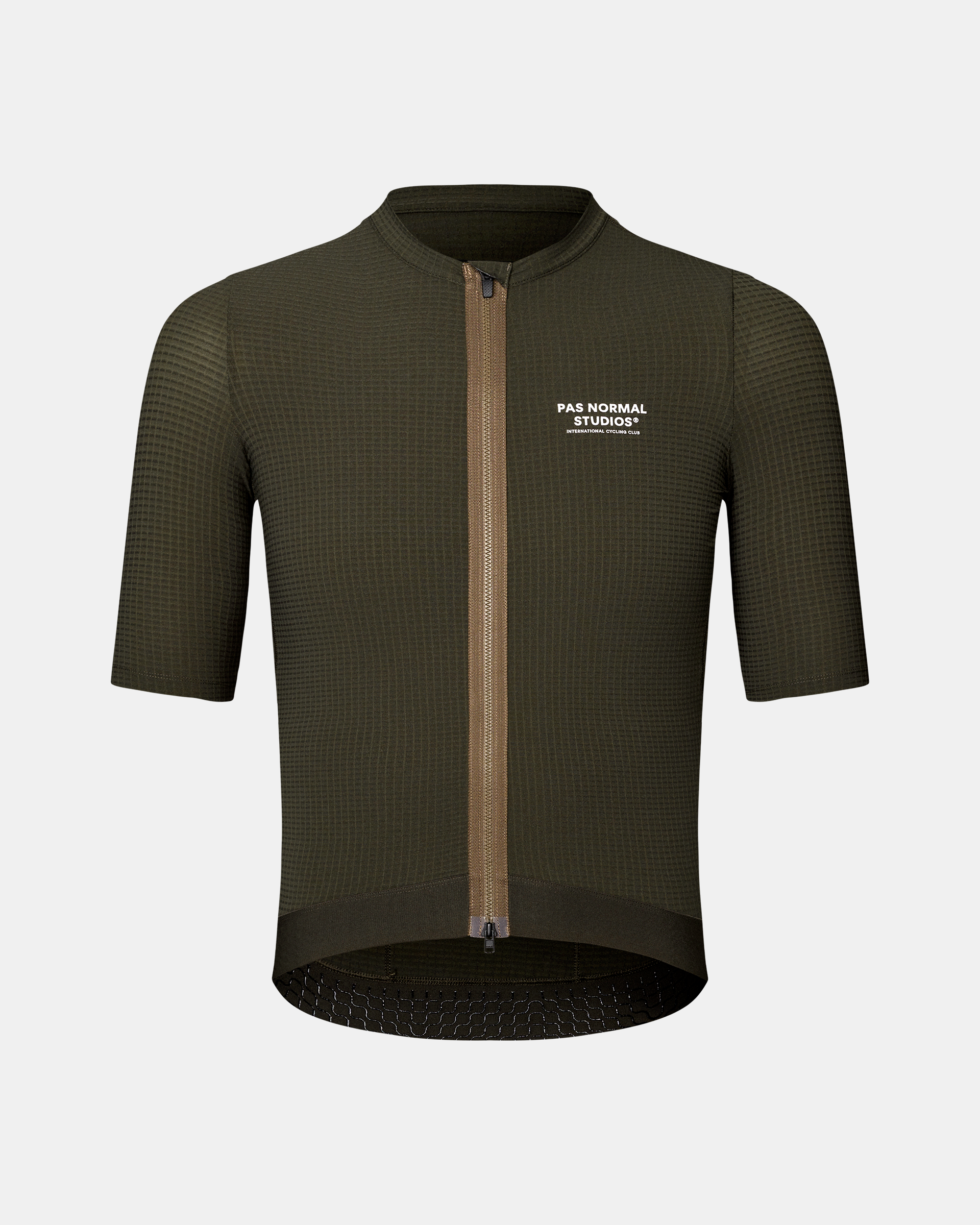Dark Olive Escapism cycling jersey, front flat lay with full-length contrast zip and white chest print