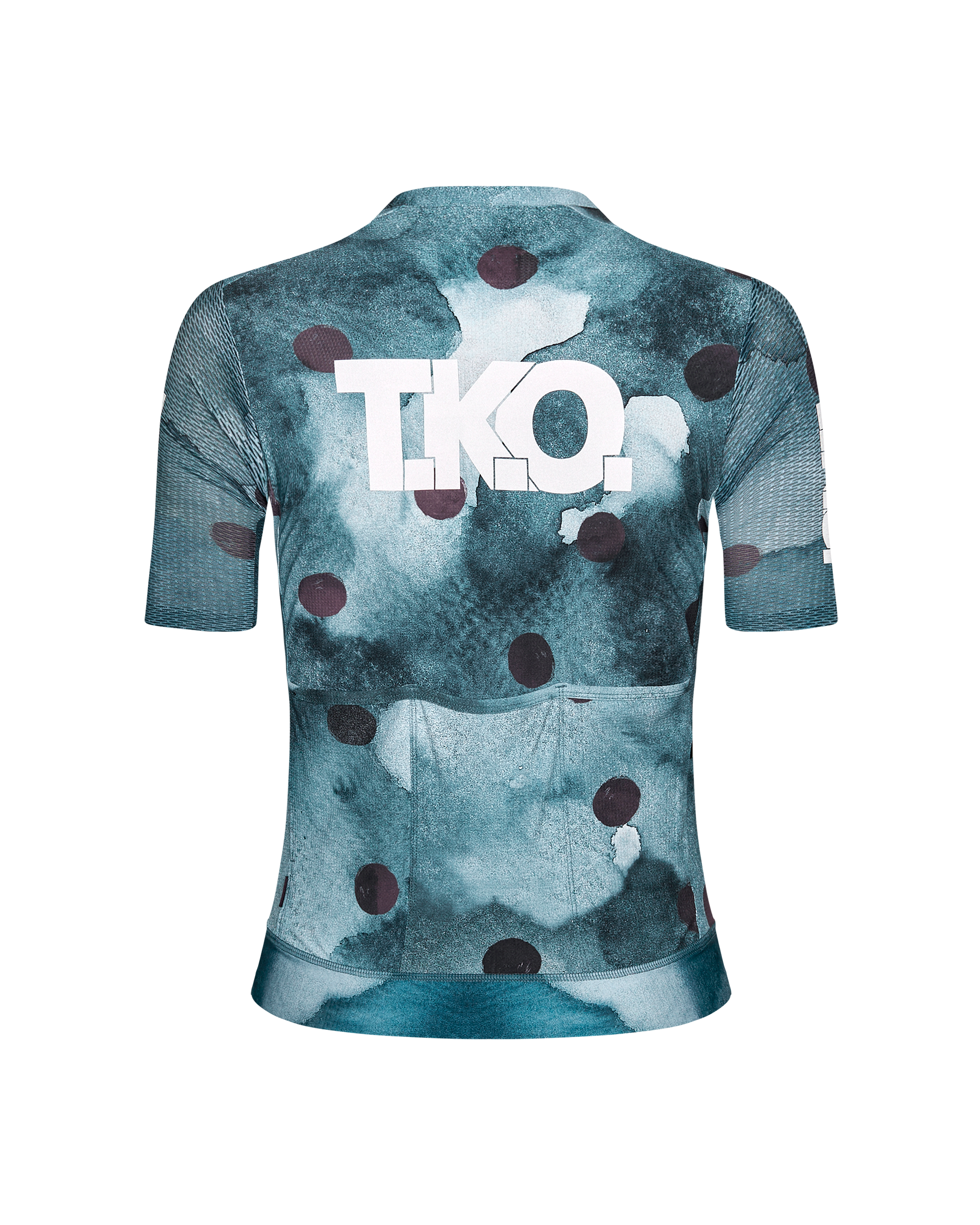 Dark Purple T.K.O. Essential Light cycling jersey, rear view with abstract print and white logo