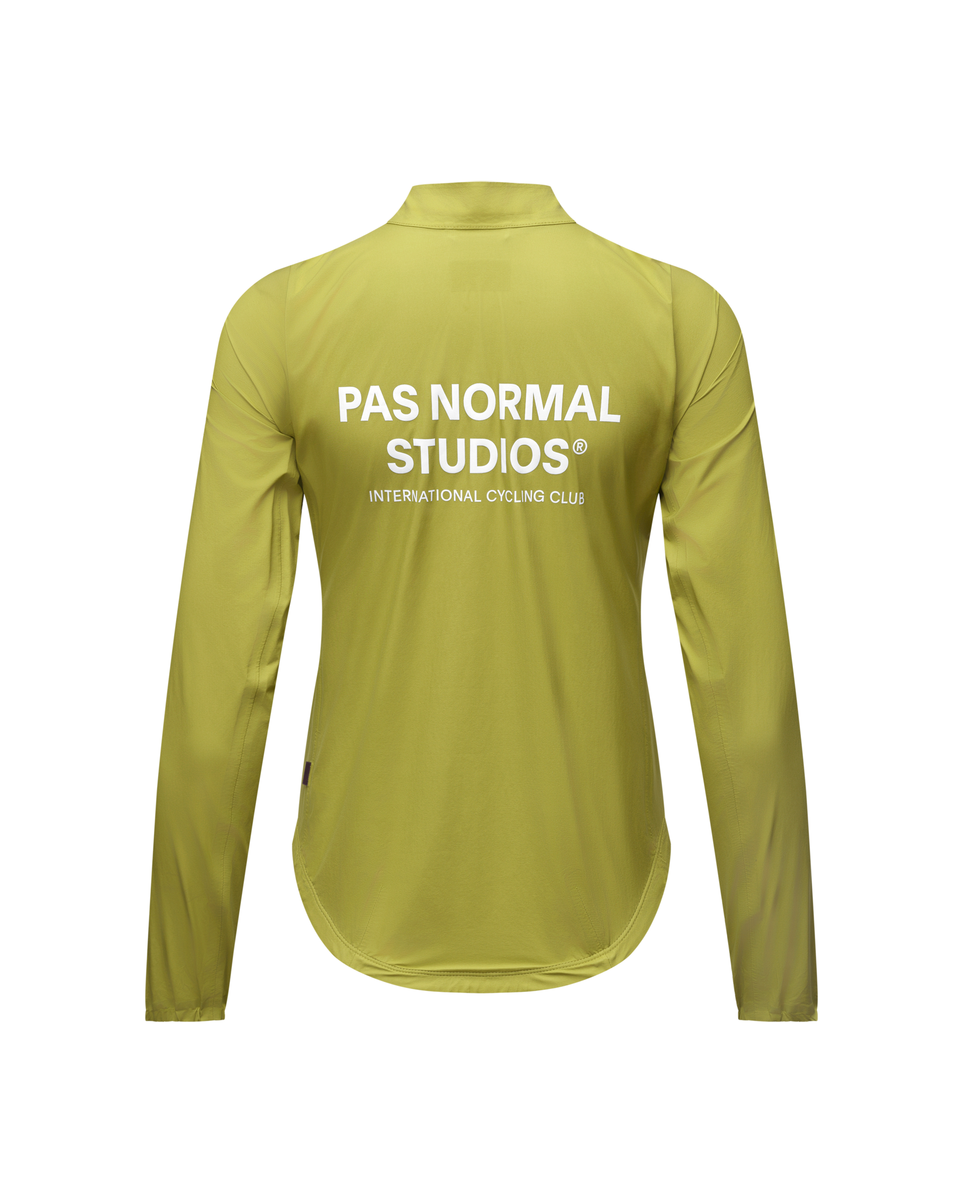 Moss Green Mechanism Rain cycling jacket, rear flat lay with white logo print