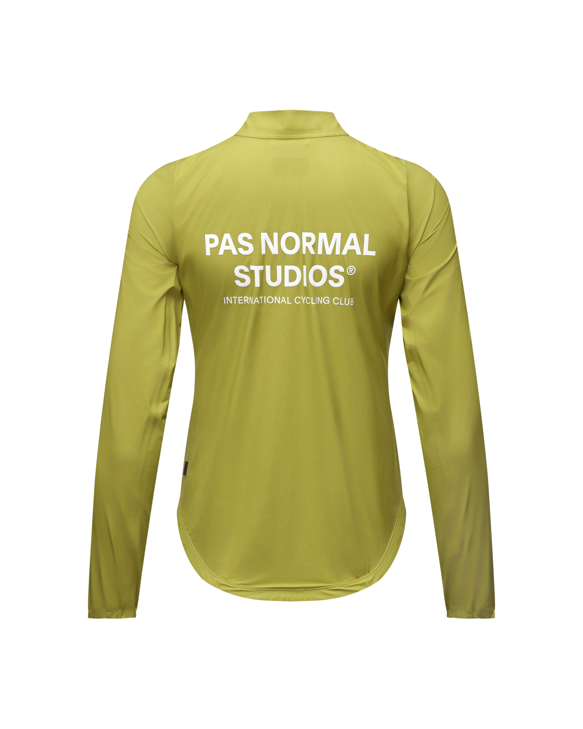 Moss Green Mechanism Rain cycling jacket, rear flat lay with white logo print