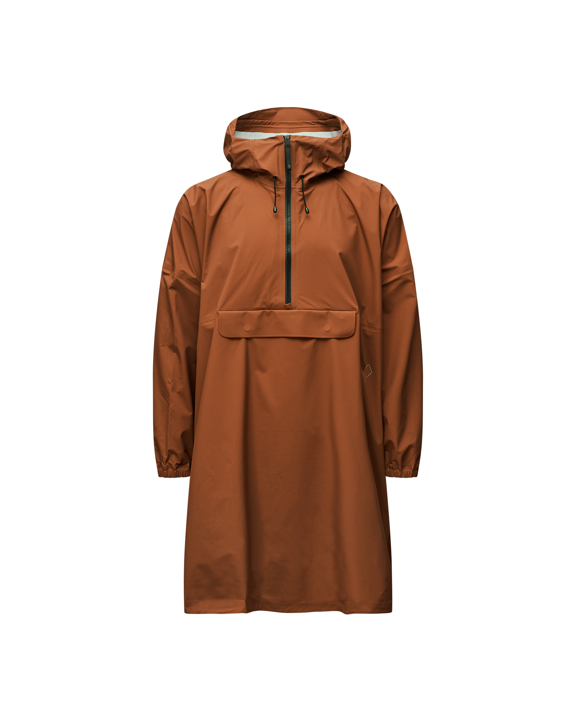 Brown Off-Race 3L Poncho, front view with half-zip and kangaroo pocket