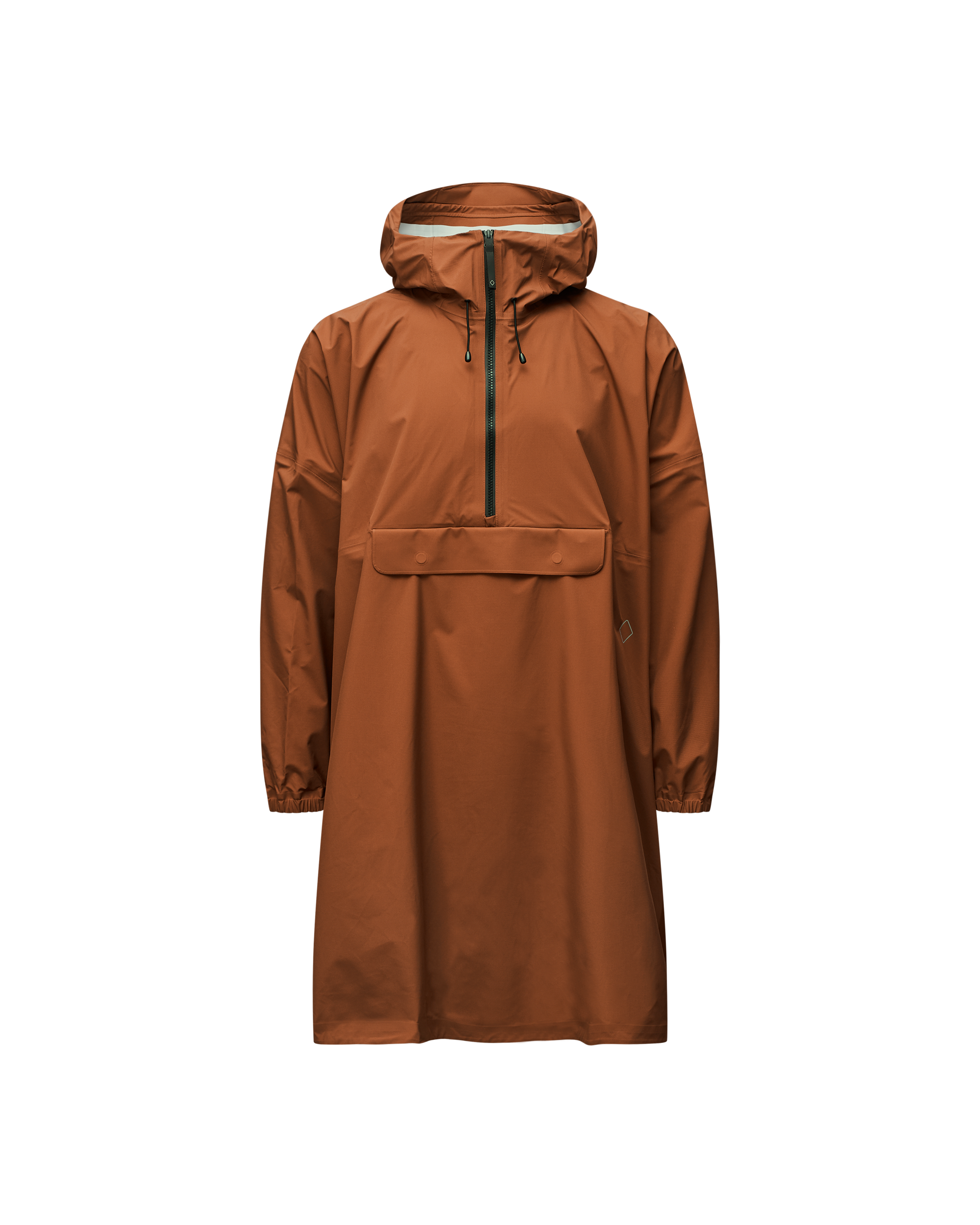 Brown Off-Race 3L Poncho, front view with half-zip and kangaroo pocket