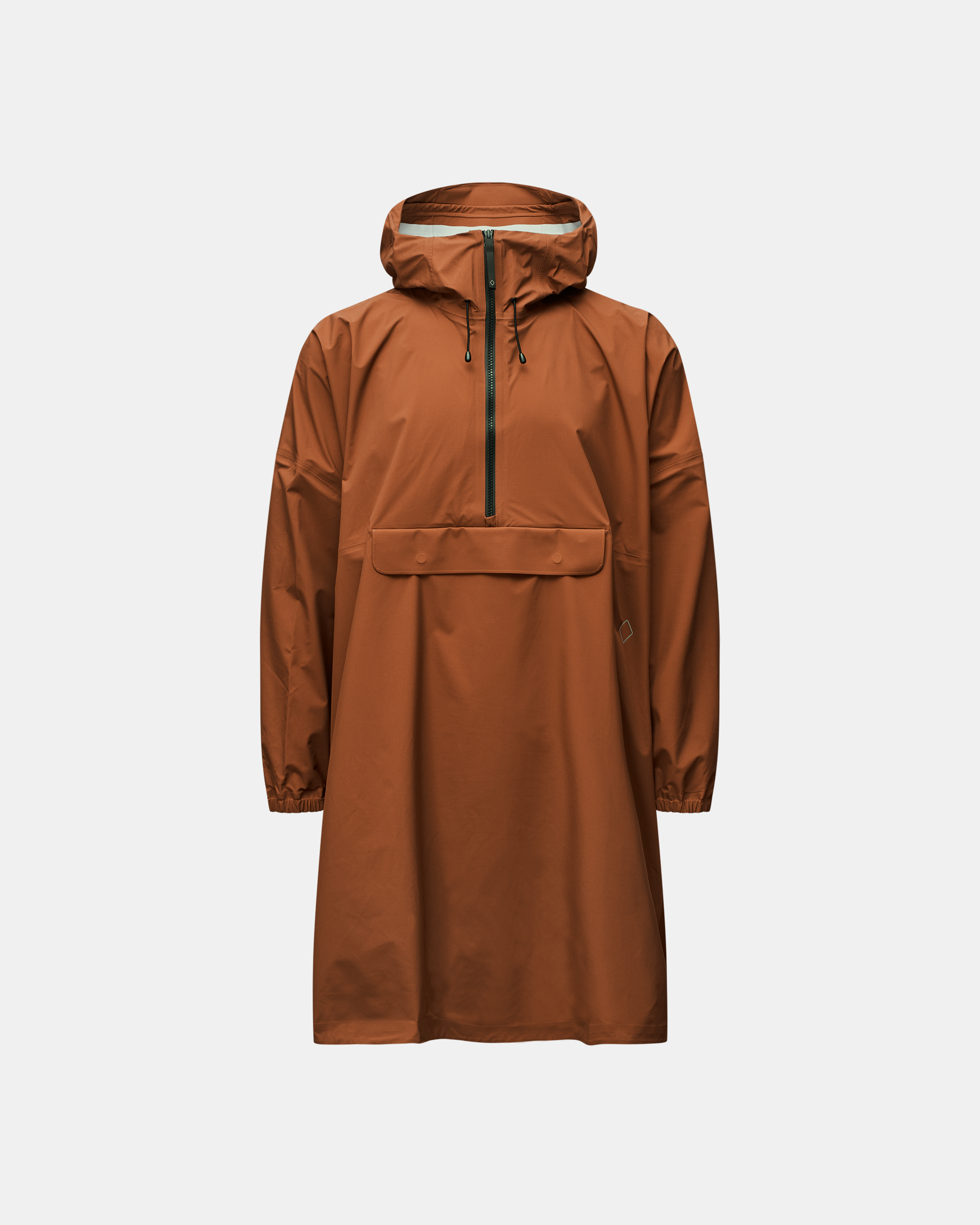Brown Off-Race 3L Poncho, front view with half-zip and kangaroo pocket