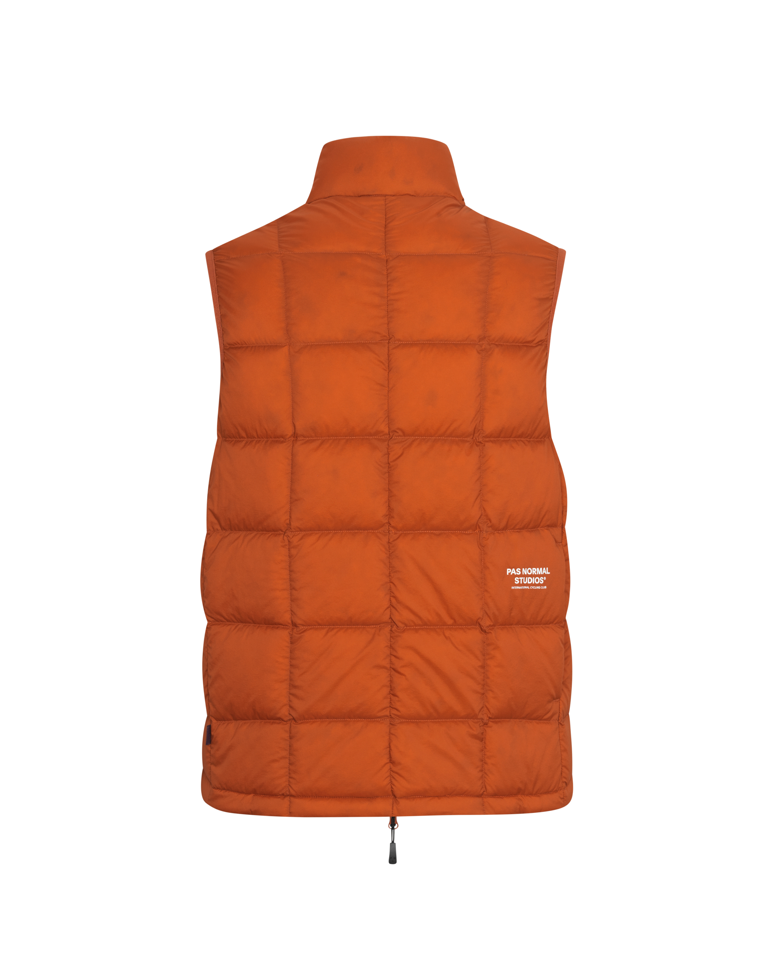 Orange Off-Race Down vest, rear flat lay with quilted panels and white logo