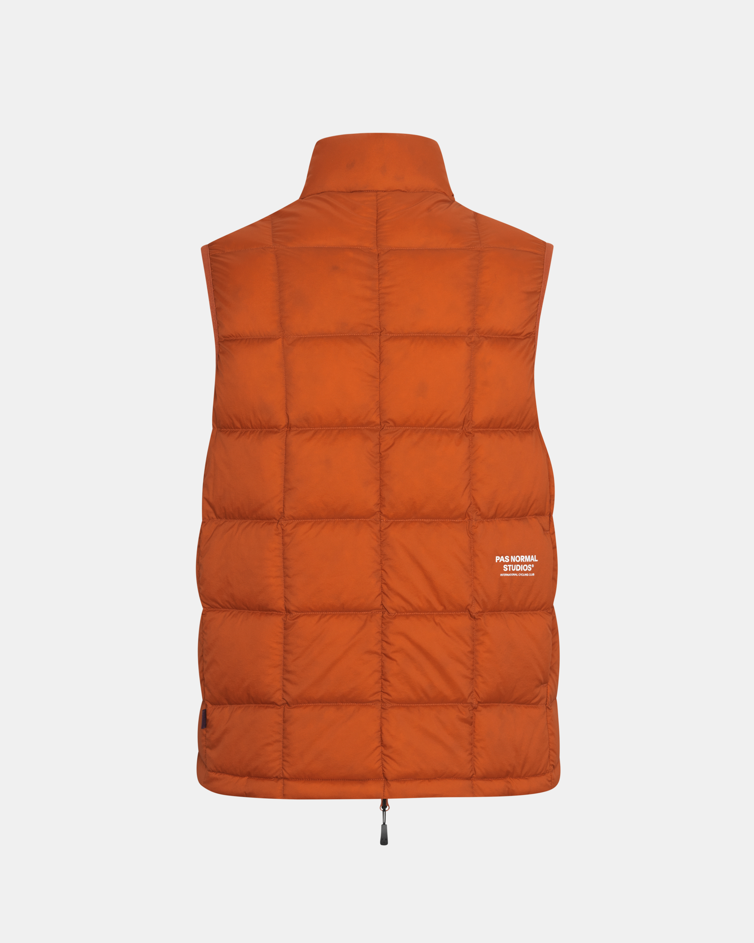 Orange Off-Race Down vest, rear flat lay with quilted panels and white logo