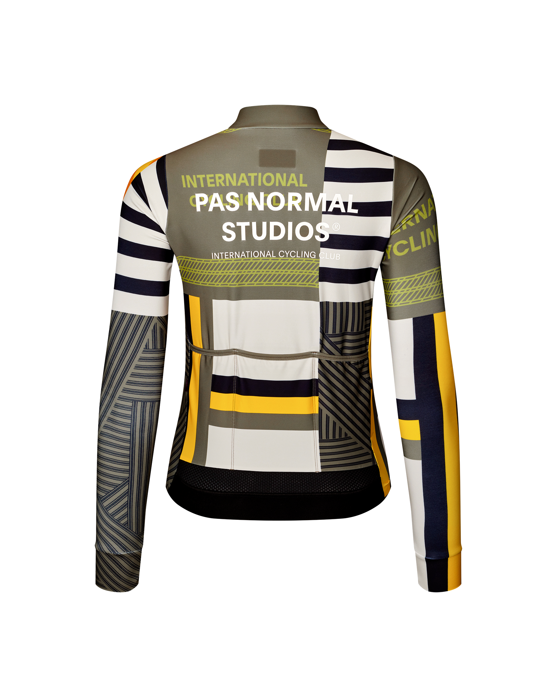 International Sand Mechanism long sleeve cycling jersey, rear view on mannequin with multicolour geometric patchwork print