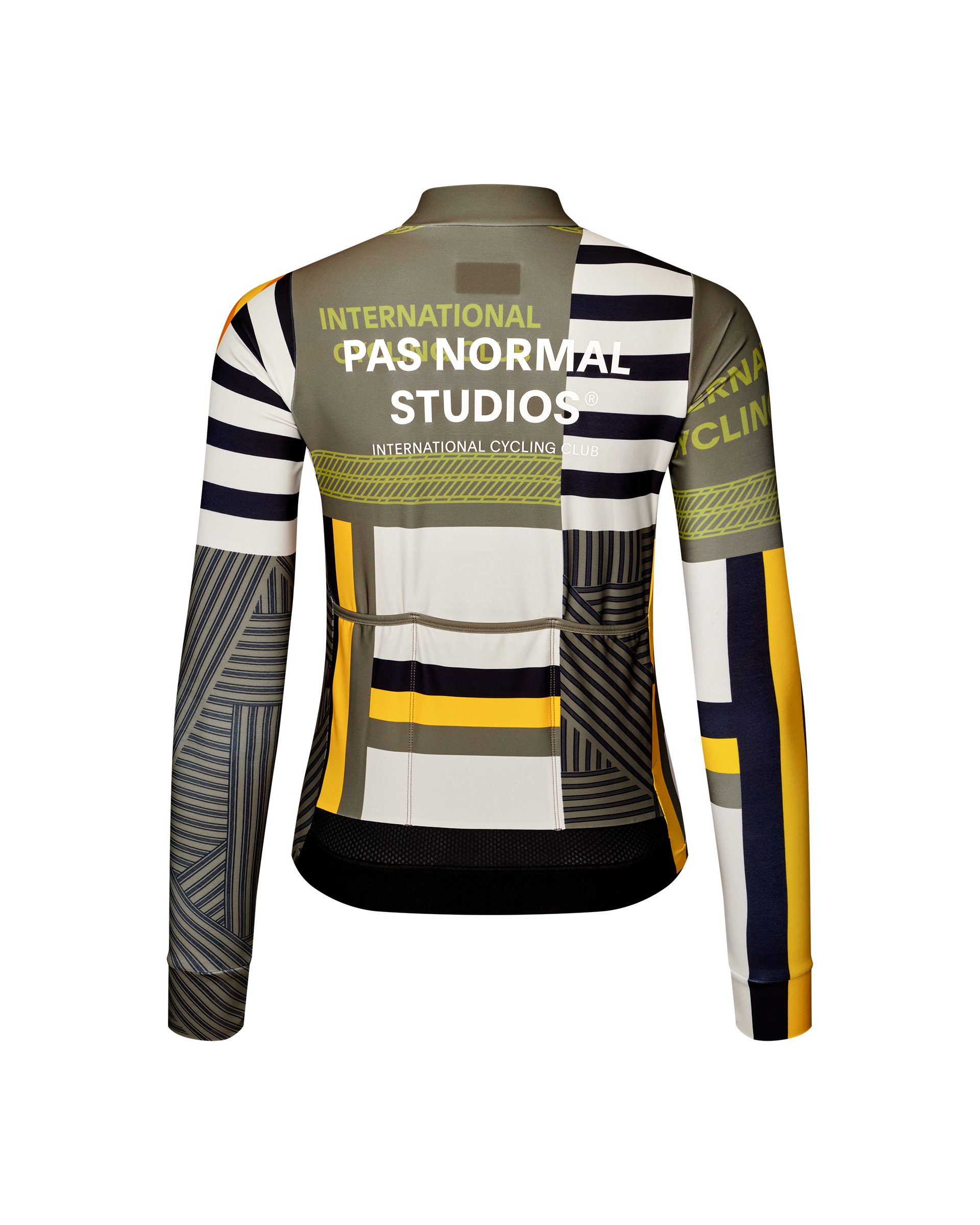 International Sand Mechanism long sleeve cycling jersey, rear view on mannequin with multicolour geometric patchwork print