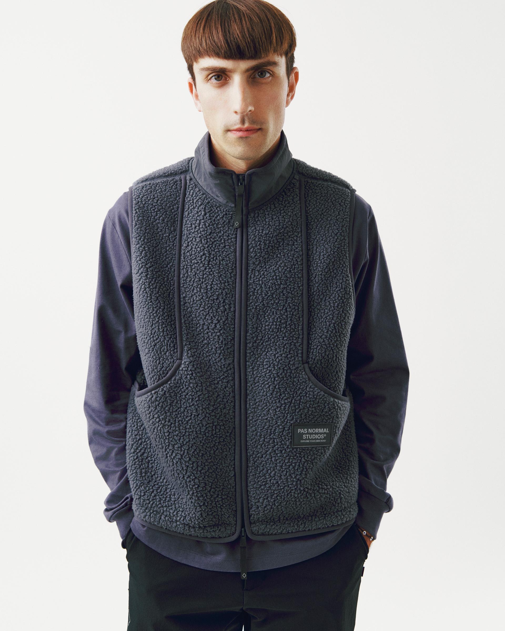 Steel Off-Race Pile Fleece vest on model, front view with textured fleece body and contrast sleeves
