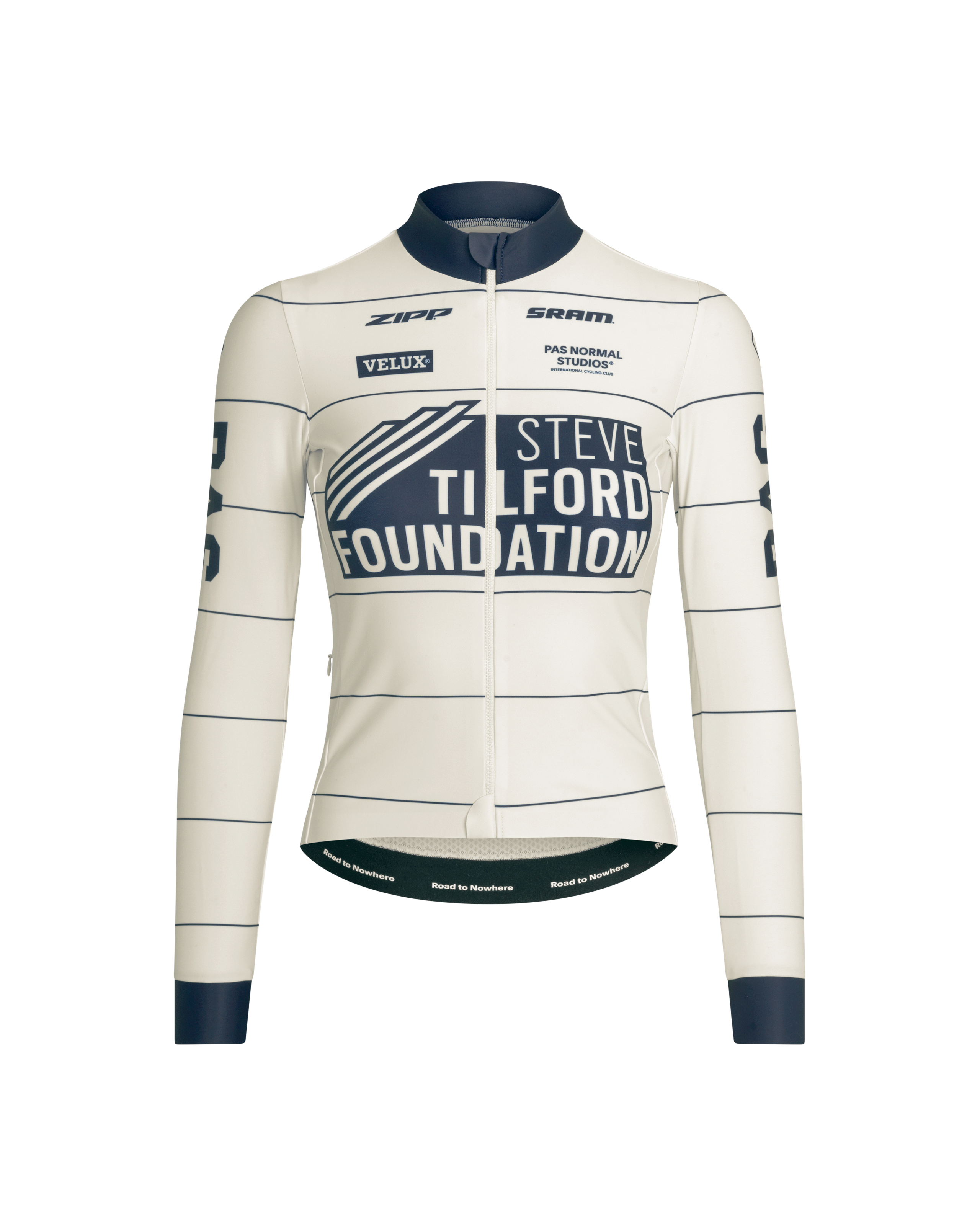 Off White STFR Mechanism women's long sleeve cycling jersey, front view with navy stripe and Steve Tilford Foundation chest