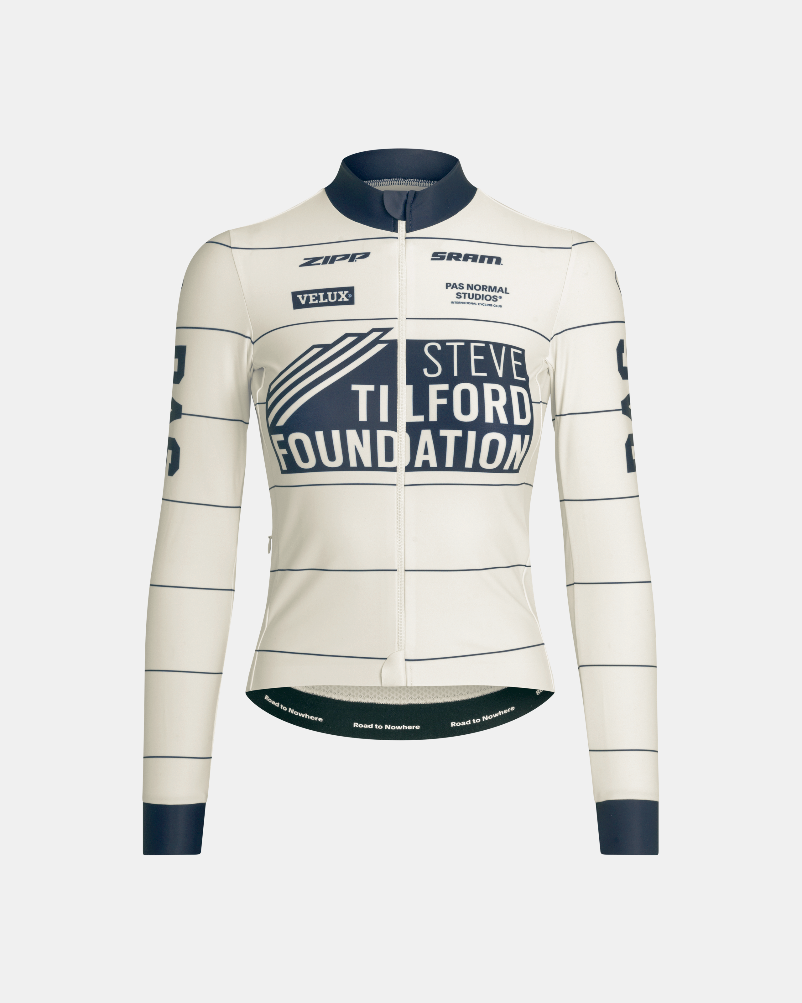 Off White STFR Mechanism women's long sleeve cycling jersey, front view with navy stripe and Steve Tilford Foundation chest