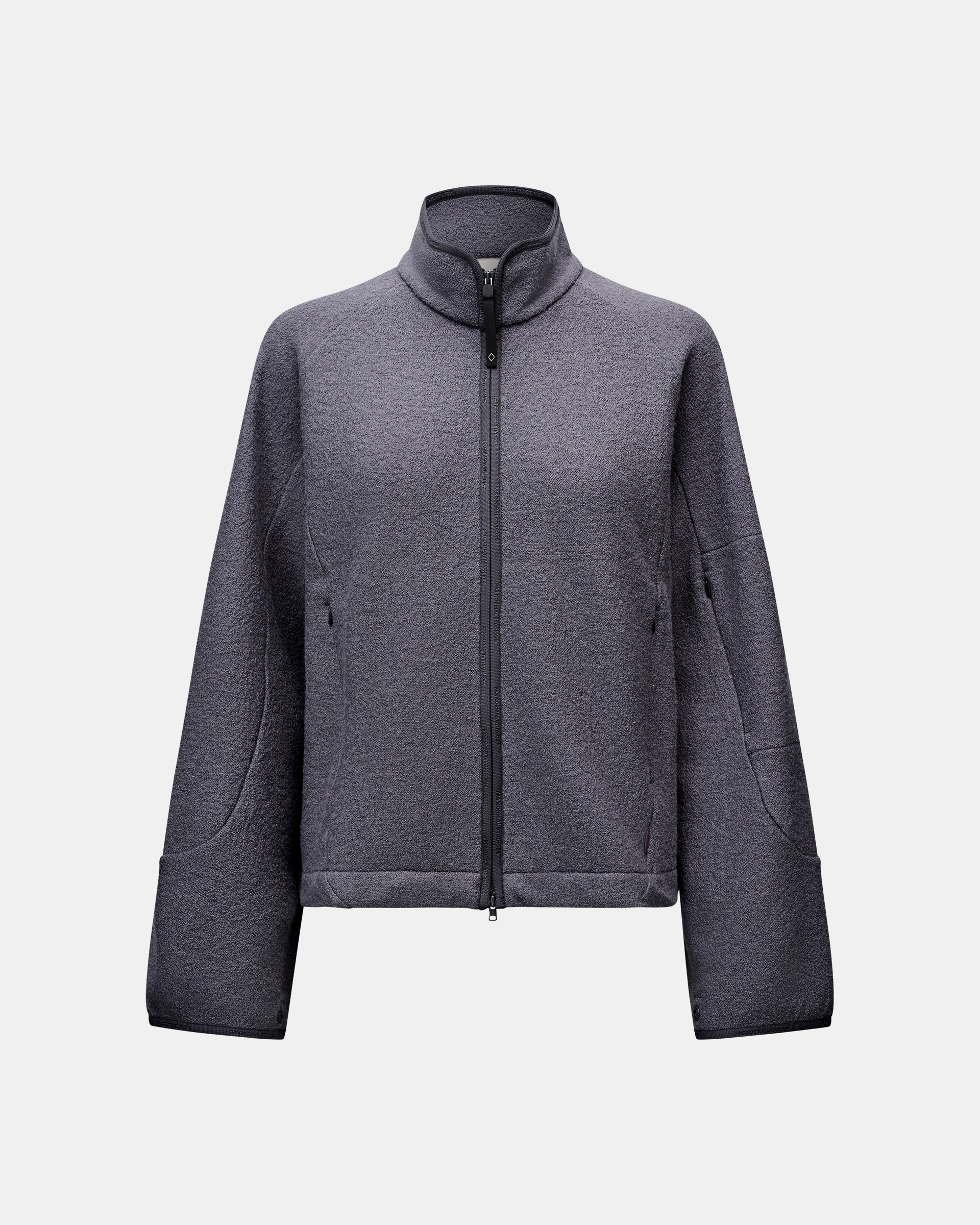 Steel Off-Race Boiled Wool jacket, front flat lay with full zip and contrast trim