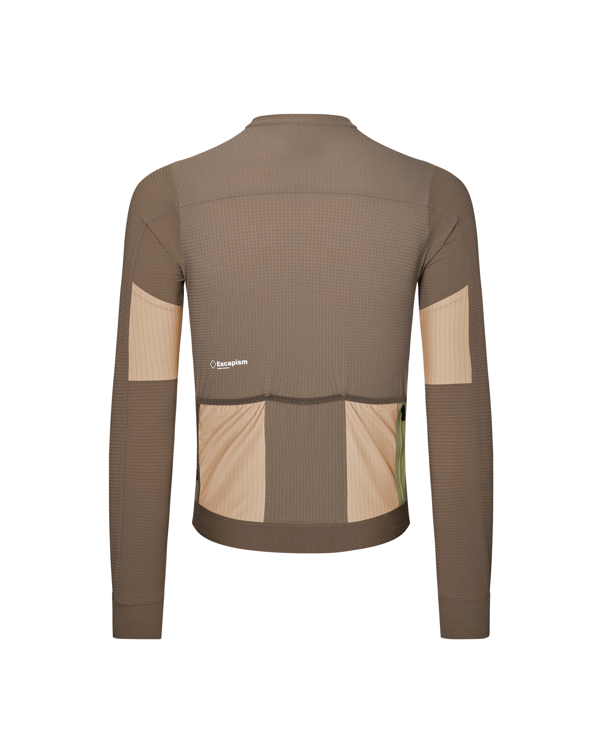Brown Escapism long sleeve cycling jersey, rear view with beige panel inserts