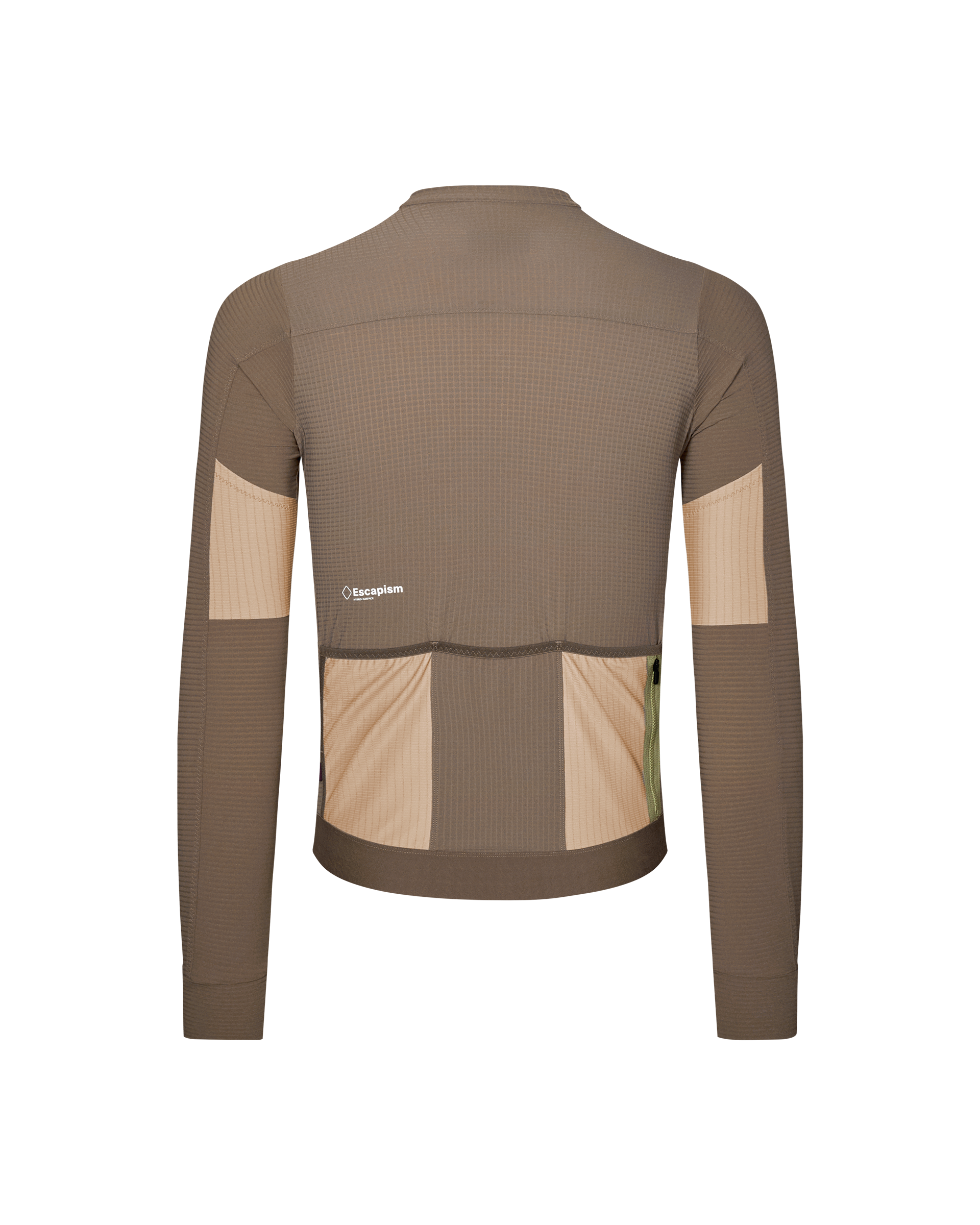 Brown Escapism long sleeve cycling jersey, rear view with beige panel inserts