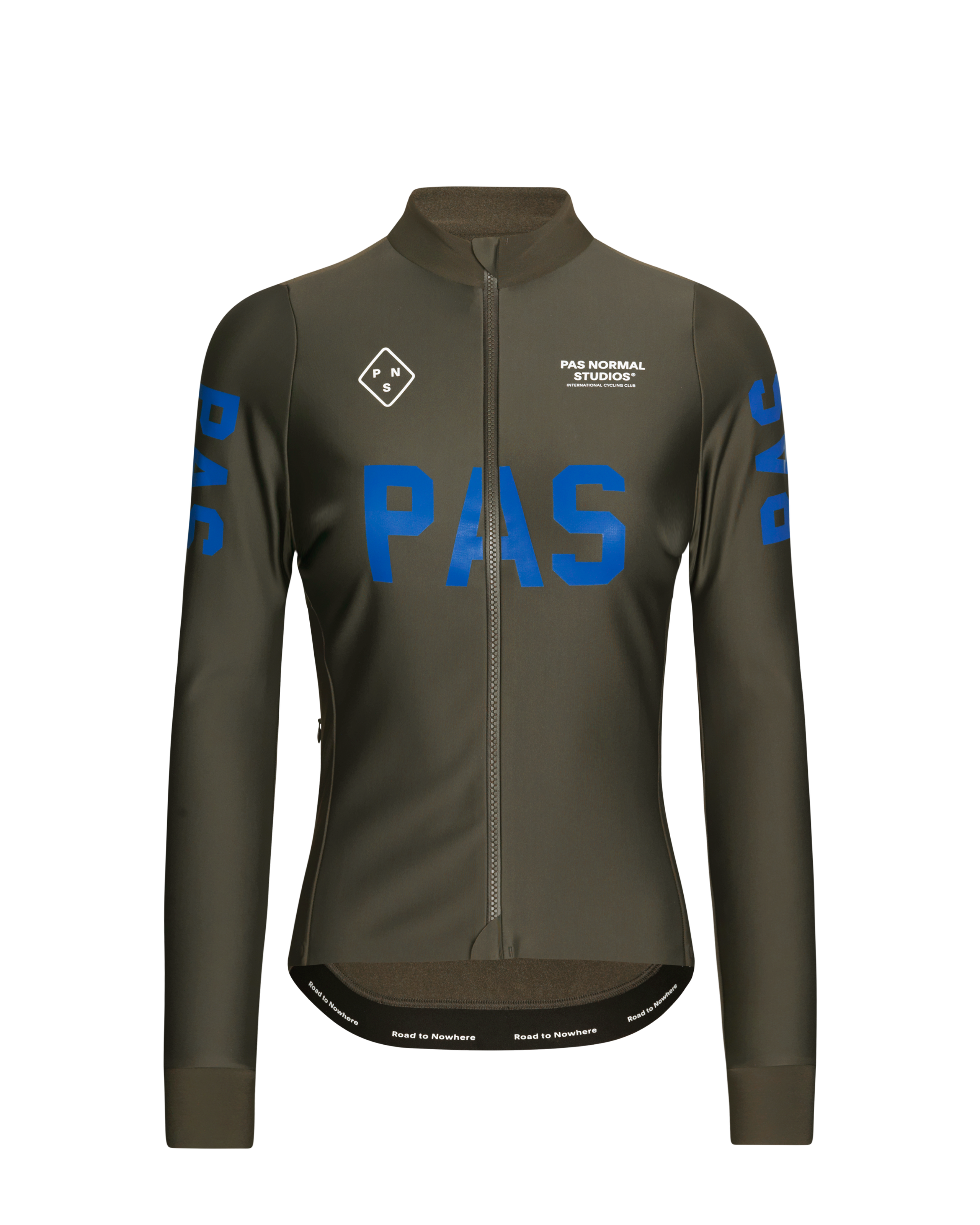 Dark Olive PAS Mechanism Thermal long sleeve cycling jersey, front view with blue chest and sleeve print