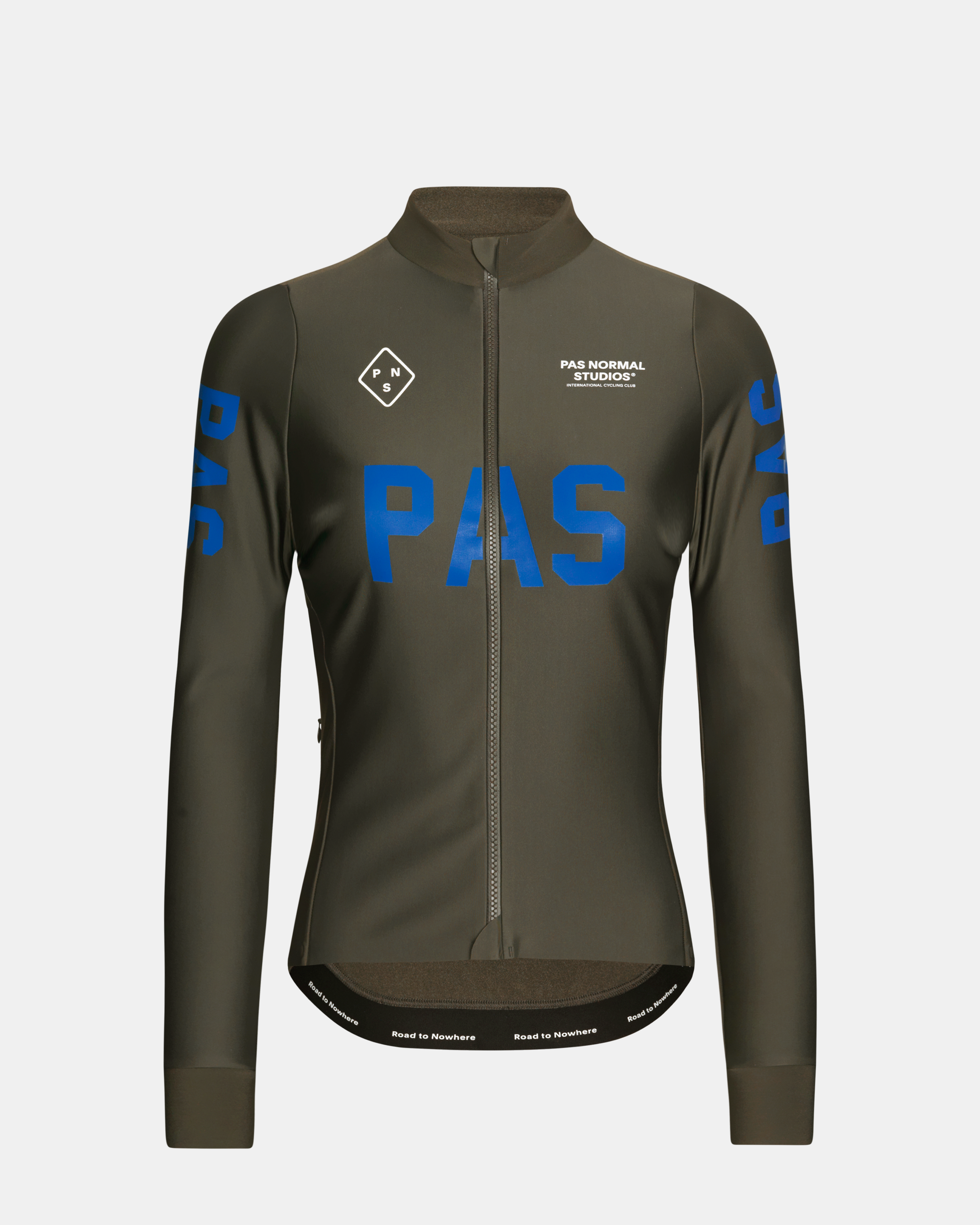 Dark Olive PAS Mechanism Thermal long sleeve cycling jersey, front view with blue chest and sleeve print