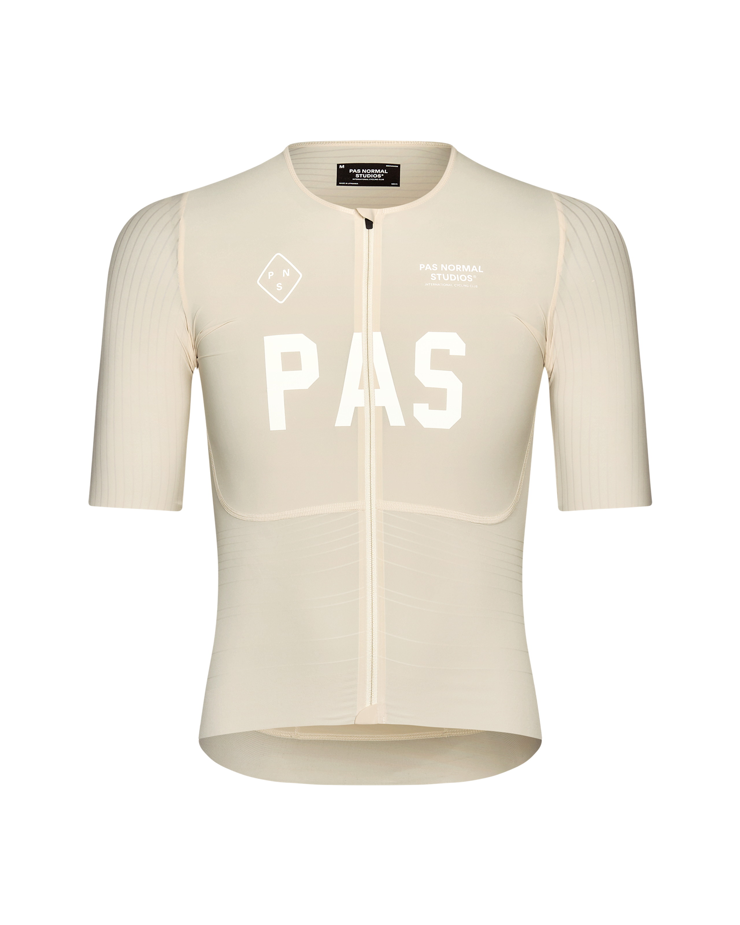 Cream PAS Mechanism Pro cycling jersey, front view with white chest print