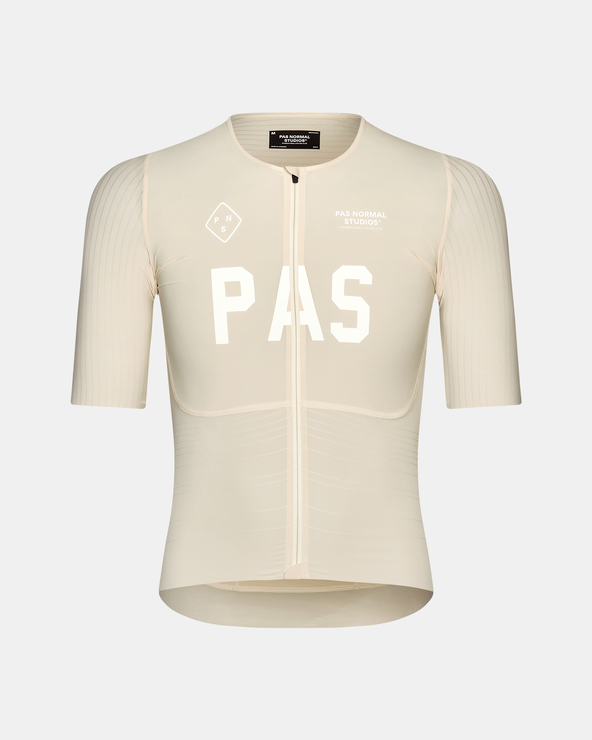 Cream PAS Mechanism Pro cycling jersey, front view with white chest print