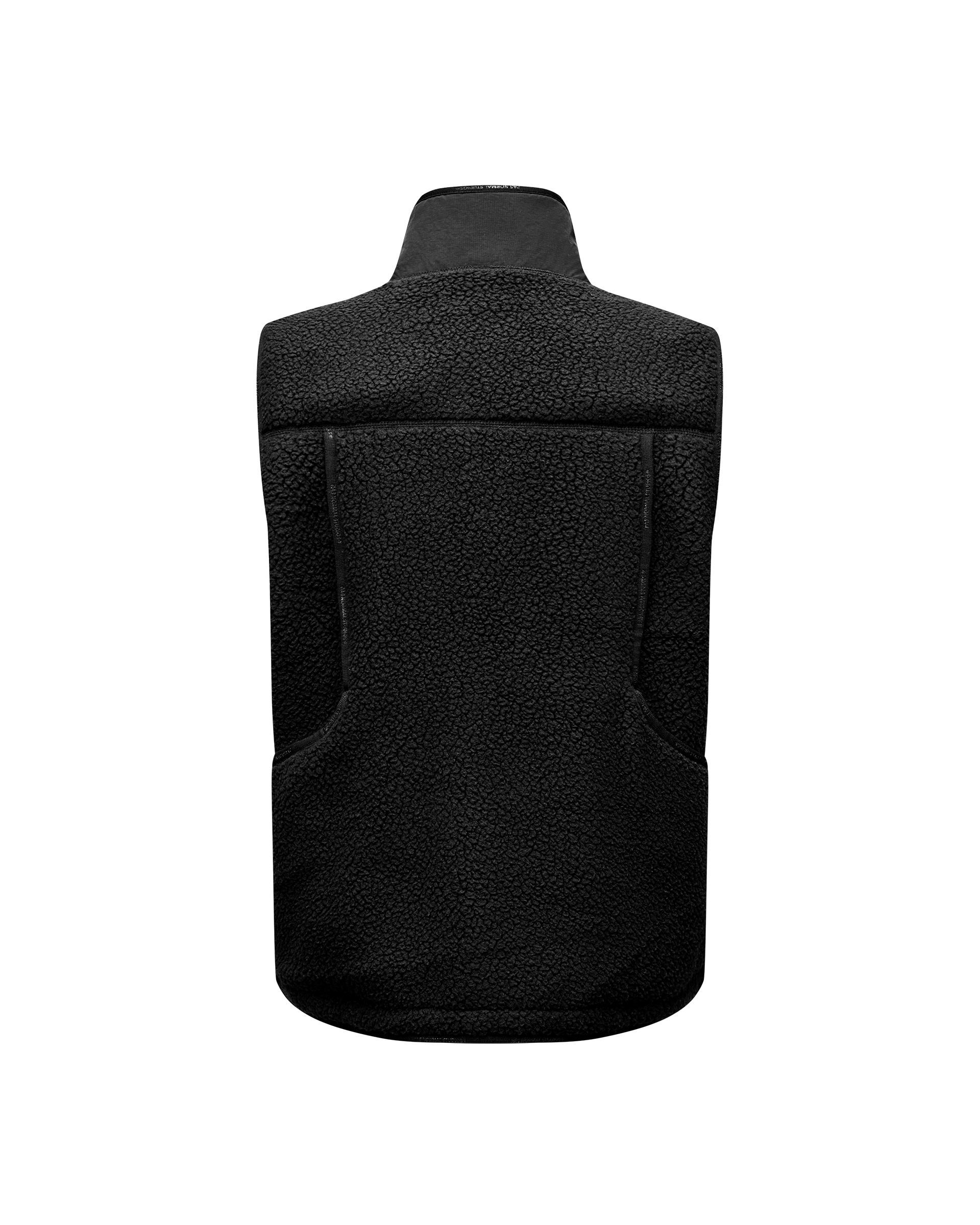Black Off-Race Pile Fleece vest, rear flat lay with sherpa texture and contrast collar panel