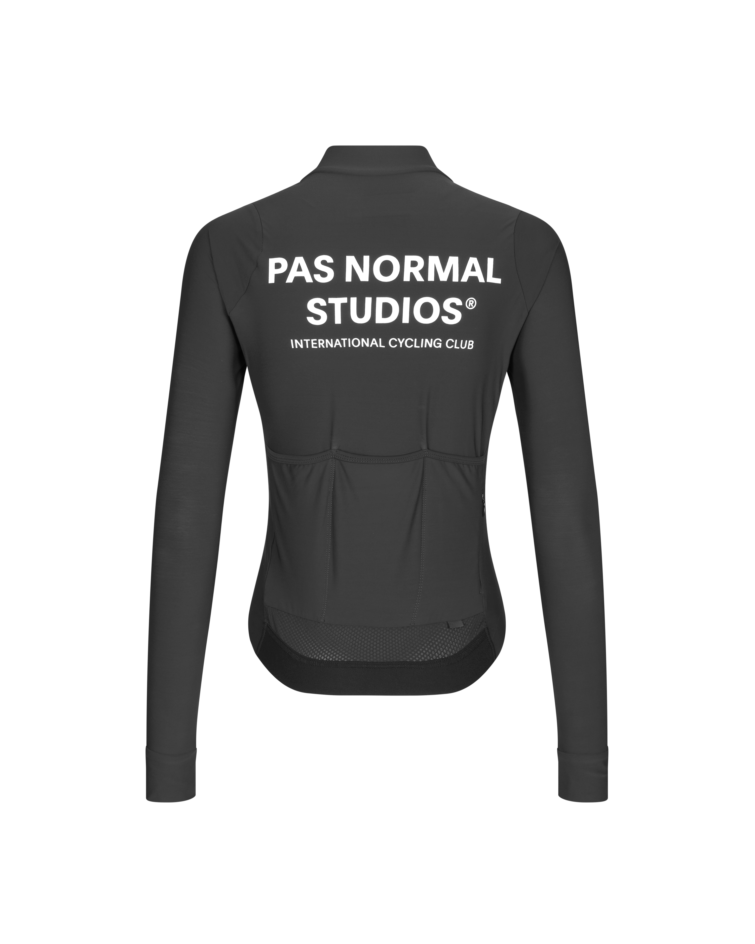 Black Mechanism long sleeve cycling jersey, rear view with white back print and rear pockets