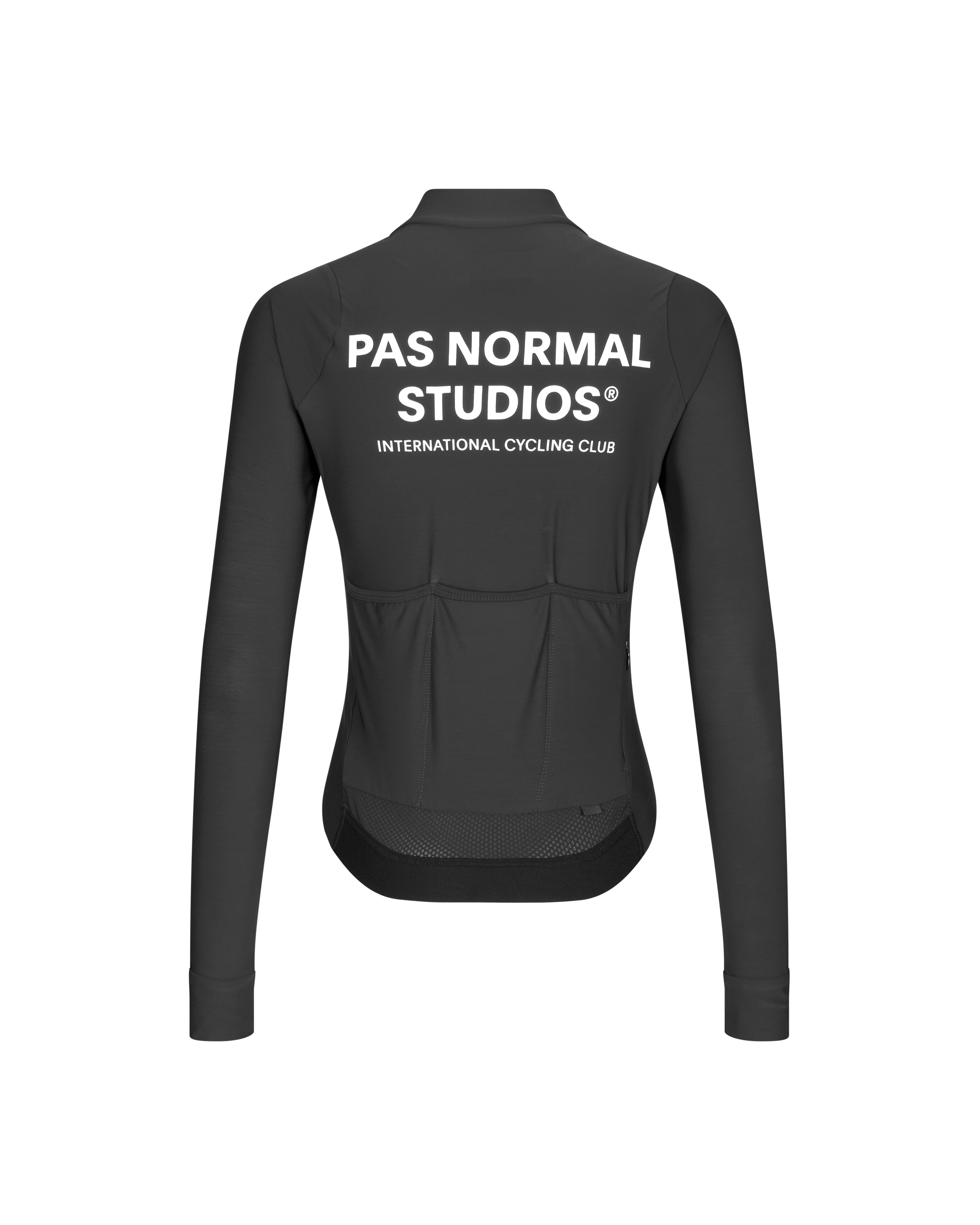 Black Mechanism long sleeve cycling jersey, rear view with white back print and rear pockets